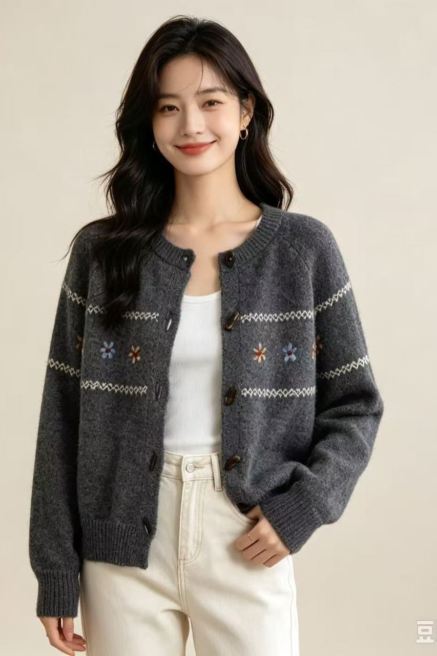 지방 mm 가을 겨울 새로운 소뿔 버클 라운드 넥 단색 다용도 와이드 부드러운 찹쌀 프로 피부 니트 스웨터 코트 이미지 6