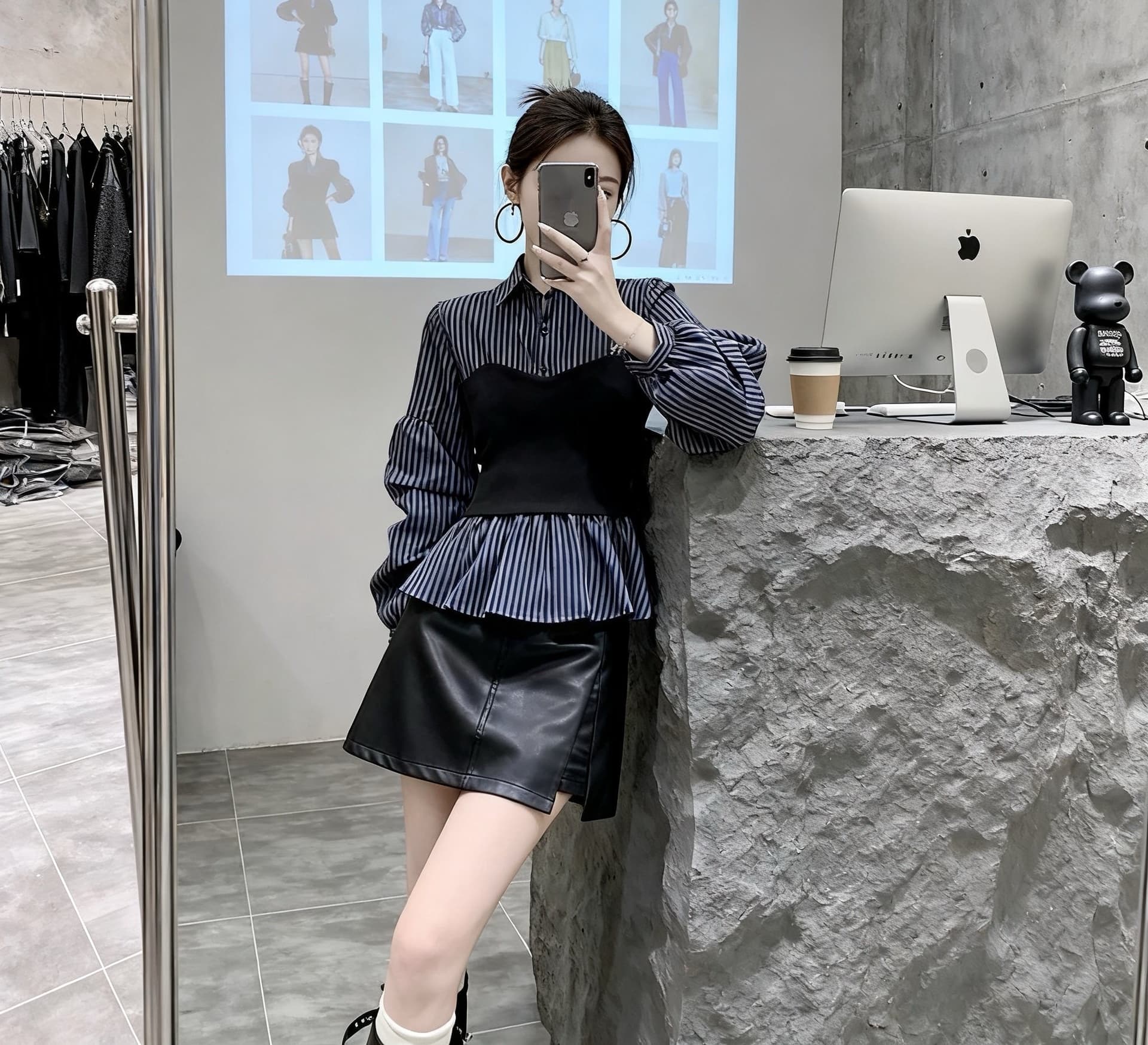 페이크 레이어드 스트라이프 여성 셔츠 가을 긴팔 슬림해 보이는 느긋한 맨위 품격 하이웨이스트 표지 넓적 다리 슬림해 보이는 반신 스커트 이미지 2