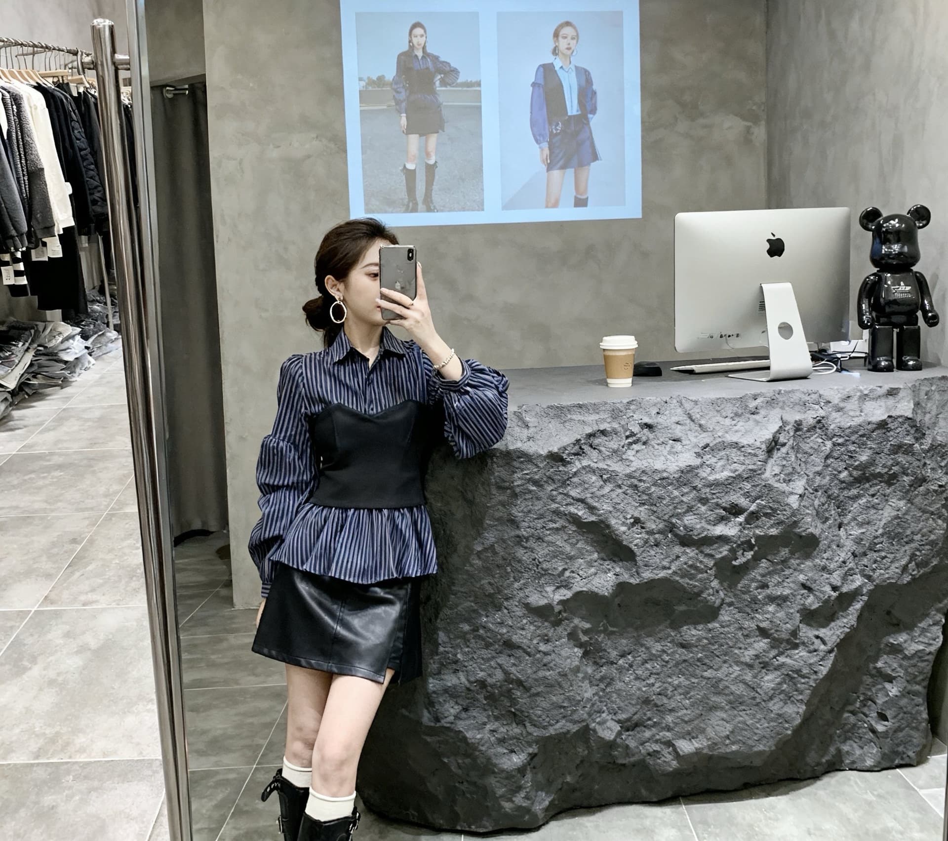 페이크 레이어드 스트라이프 여성 셔츠 가을 긴팔 슬림해 보이는 느긋한 맨위 품격 하이웨이스트 표지 넓적 다리 슬림해 보이는 반신 스커트 이미지 3