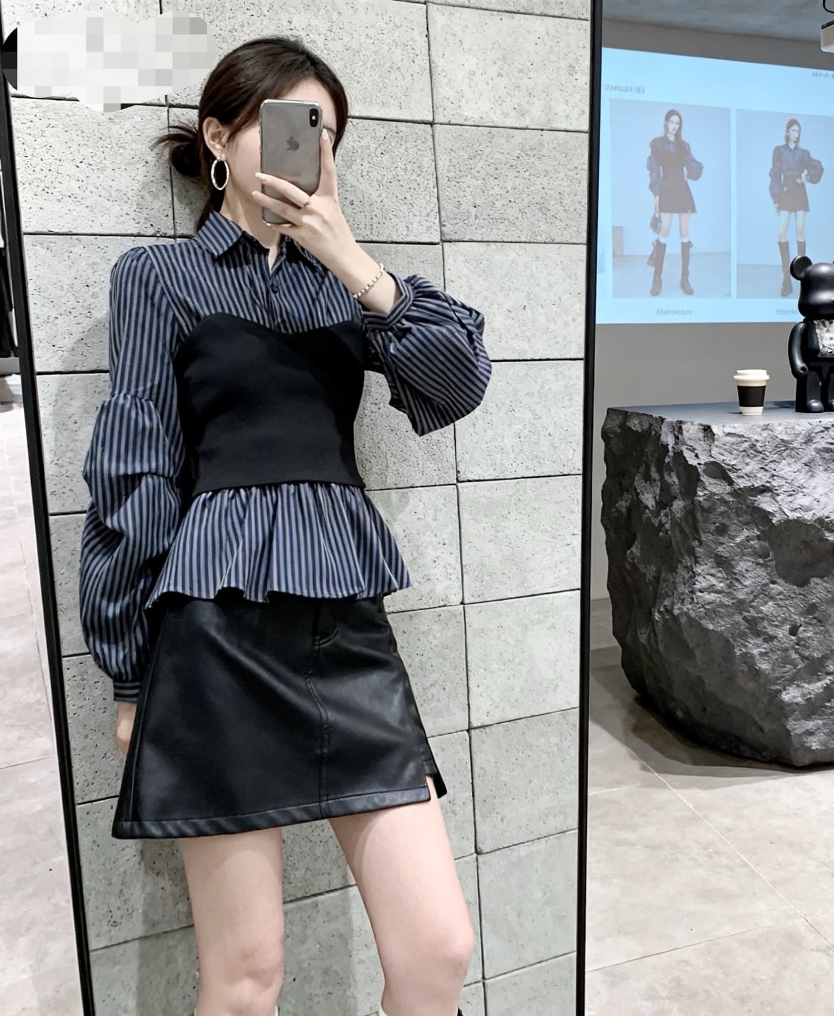 페이크 레이어드 스트라이프 여성 셔츠 가을 긴팔 슬림해 보이는 느긋한 맨위 품격 하이웨이스트 표지 넓적 다리 슬림해 보이는 반신 스커트 상세 이미지 1