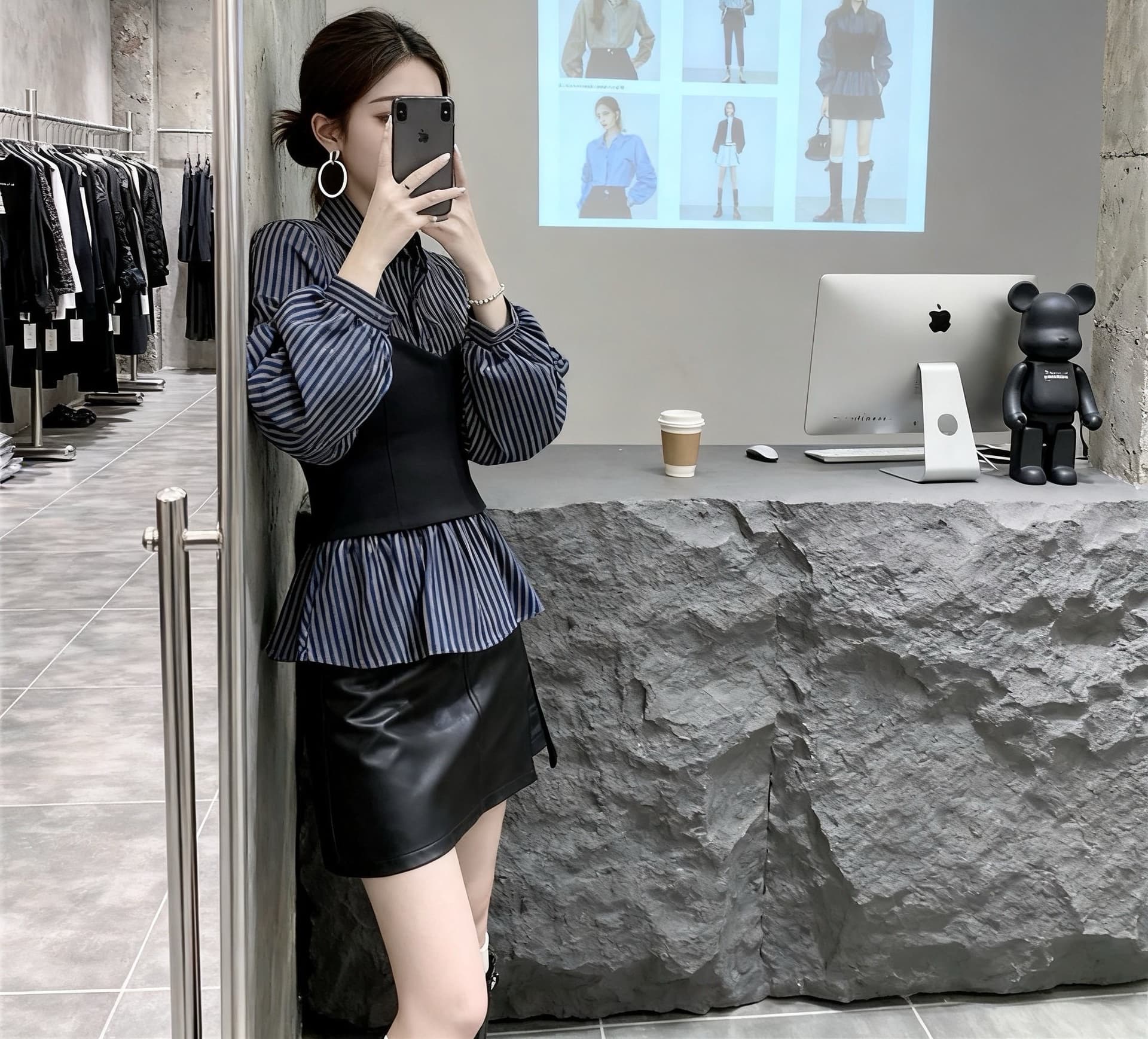 페이크 레이어드 스트라이프 여성 셔츠 가을 긴팔 슬림해 보이는 느긋한 맨위 품격 하이웨이스트 표지 넓적 다리 슬림해 보이는 반신 스커트 상세 이미지 4