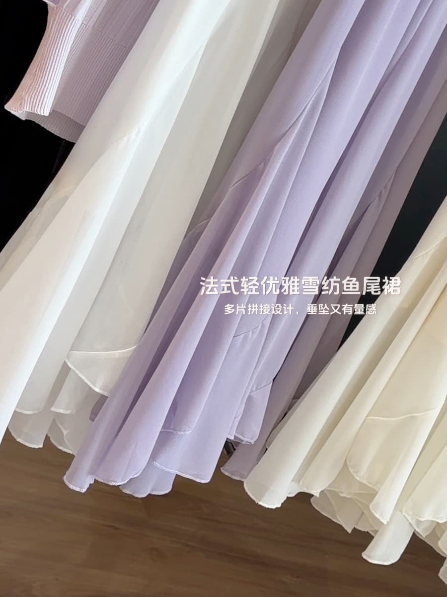 프랑스식 프릴 반신 스커트 여성 여름 2026 새로운 패치워크 디자인 센스 하이웨이스트 도루 가을 쉬폰 인어 꼬리 치마 상세 이미지 3