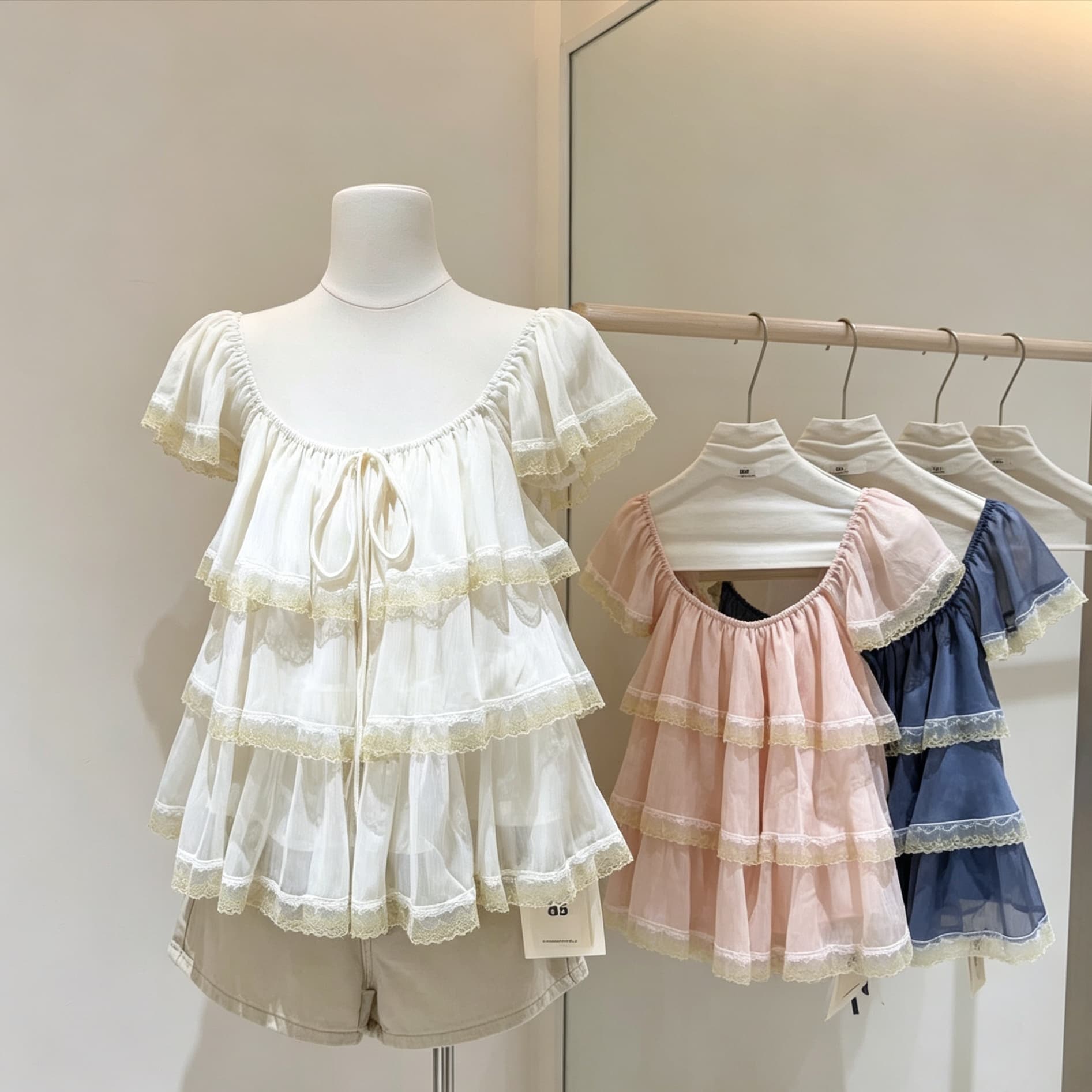 한 스타일 달콤함 프릴 레이스 조각 시폰 셔츠 여성 여름 반팔 파란색 케이크 실 Chic 맨위 작은 셔츠 상세 이미지 4