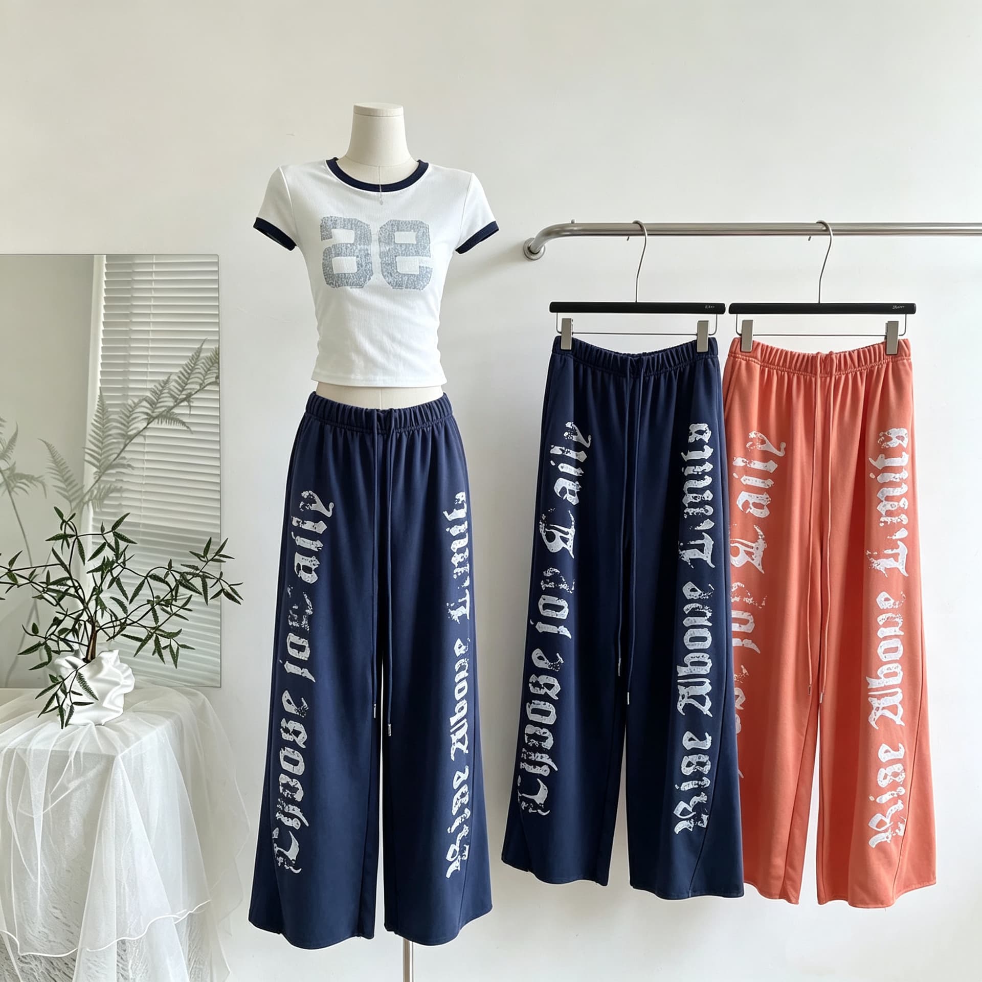닝 부문 면 프린트 스트레이트 루즈핏 긴 바지 여성 여름 캐주얼 바람 펌프 로프 넓은 다리 순면 9부 바지 이미지 3