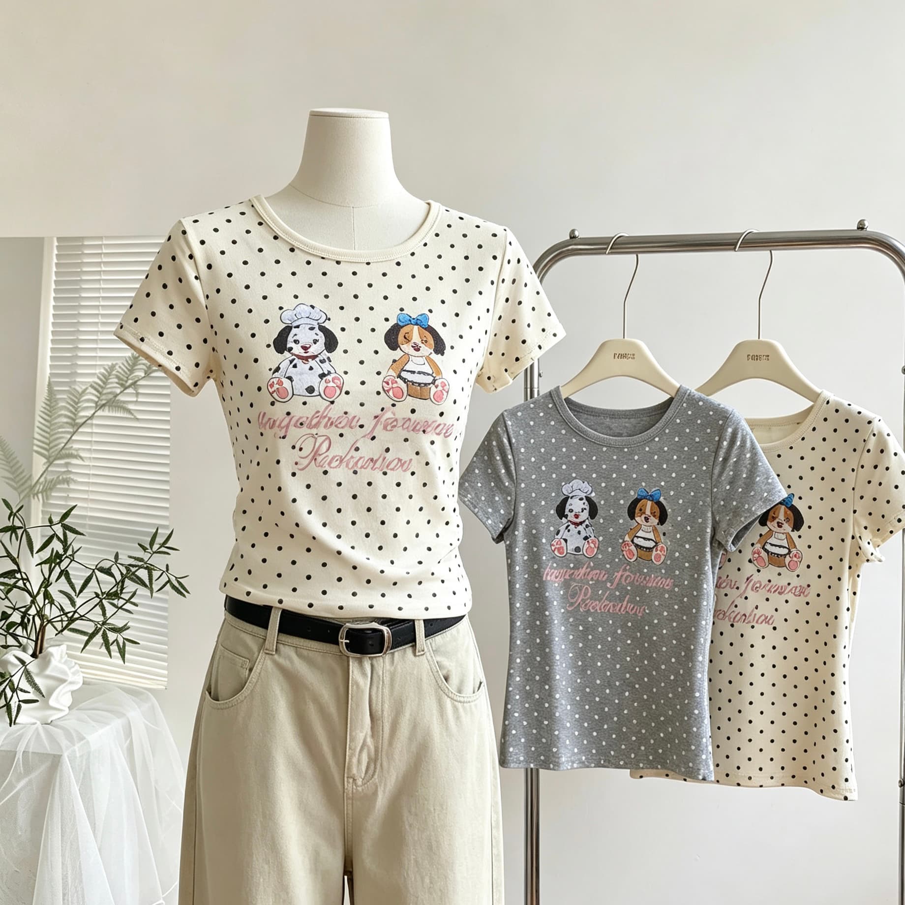 안녕하세요. 대포 아메리칸 만화 도트 무늬 프린트 반팔 티셔츠 여성 여름 새로운 느긋한 작은 셔츠 기초 긍정적 인 어깨 의류 이미지 2