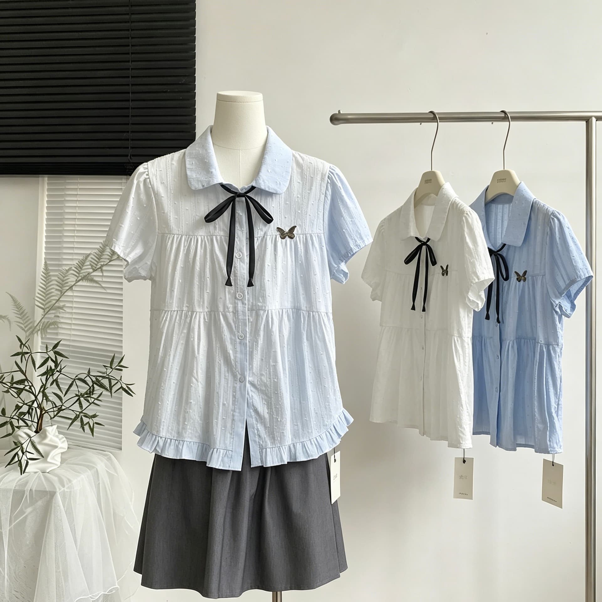 시끄러운 홈 하늘색 POLO 칼라 일본식 학원 스타일 여성 셔츠 여름 달콤함 귀여운 맨위 반팔 오픈 가디건 여성 이미지 2