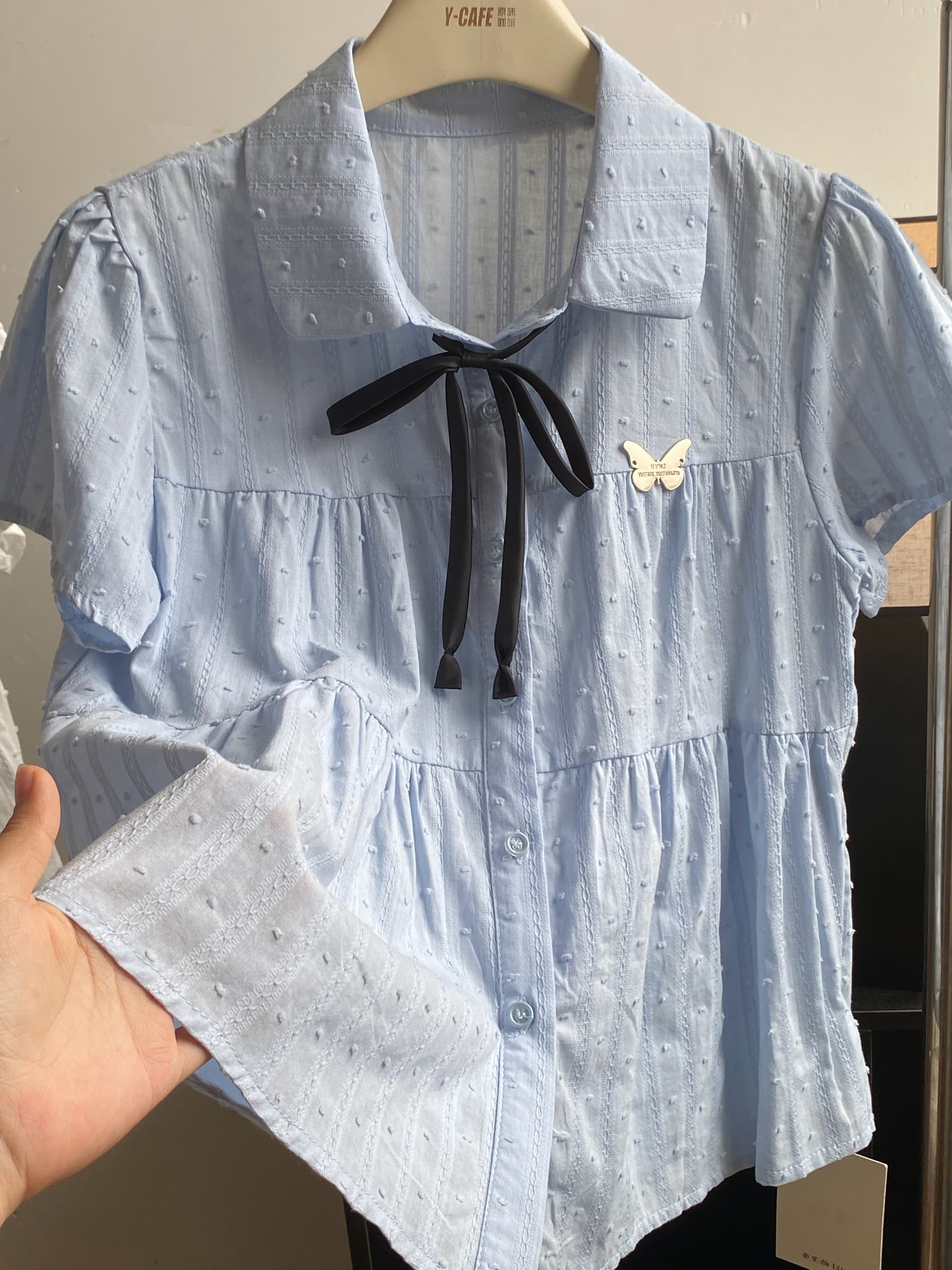 시끄러운 홈 하늘색 POLO 칼라 일본식 학원 스타일 여성 셔츠 여름 달콤함 귀여운 맨위 반팔 오픈 가디건 여성 상세 이미지 9