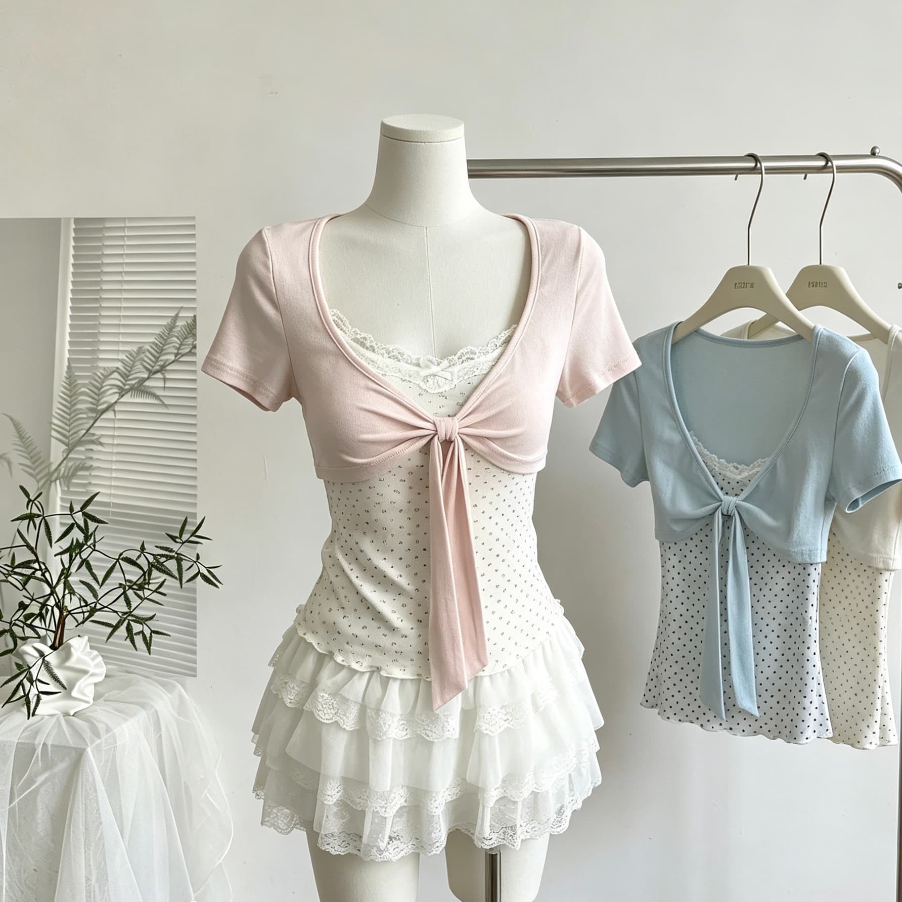 callmeear 배색 나비 매듭 티셔츠 패치워크 디자인 센스 페이크 레이어드 u 칼라 반팔 맨위 여성 여름 상세 이미지 9