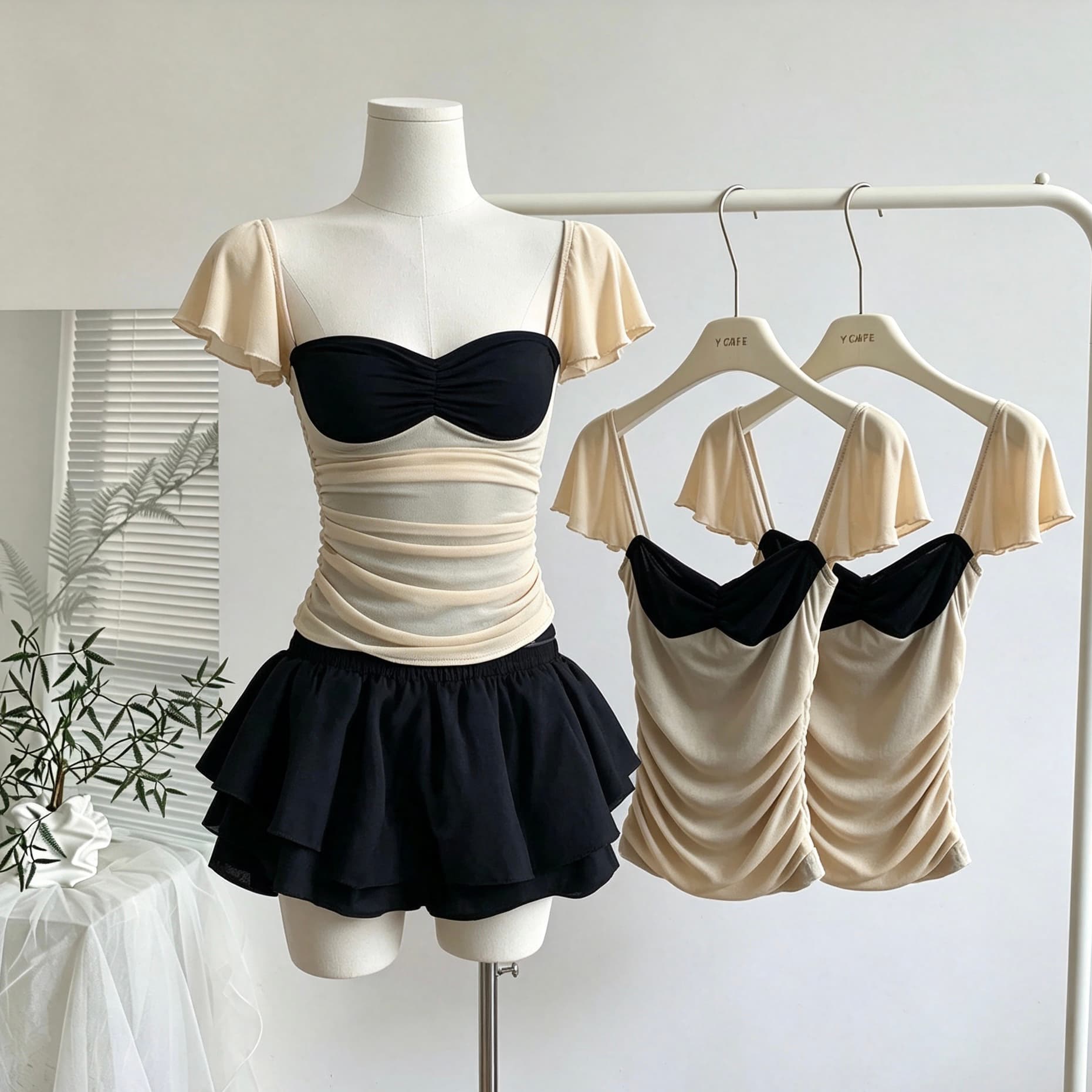 ruanrui 아몬드 Tulle 패치워크 배색 망사 작은 날다 소매 발레 바람 ins 펌프 Pleat 신축성 슬립 맨위 이미지 2