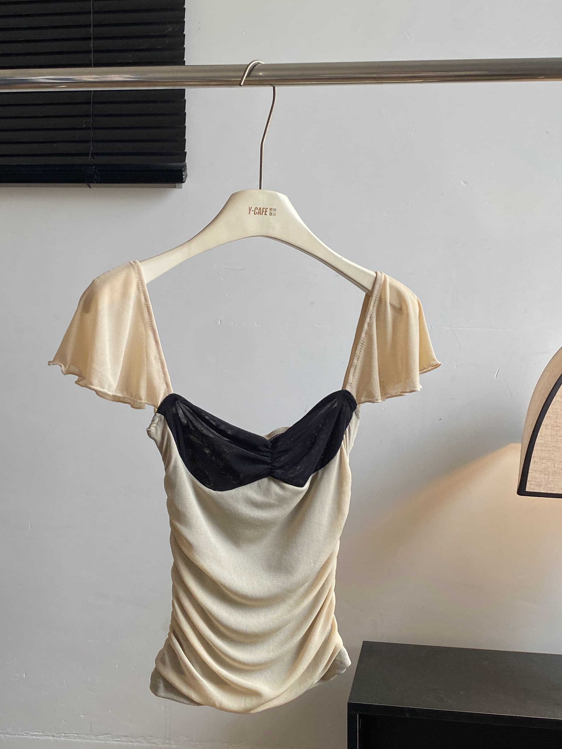 ruanrui 아몬드 Tulle 패치워크 배색 망사 작은 날다 소매 발레 바람 ins 펌프 Pleat 신축성 슬립 맨위 상세 이미지 2