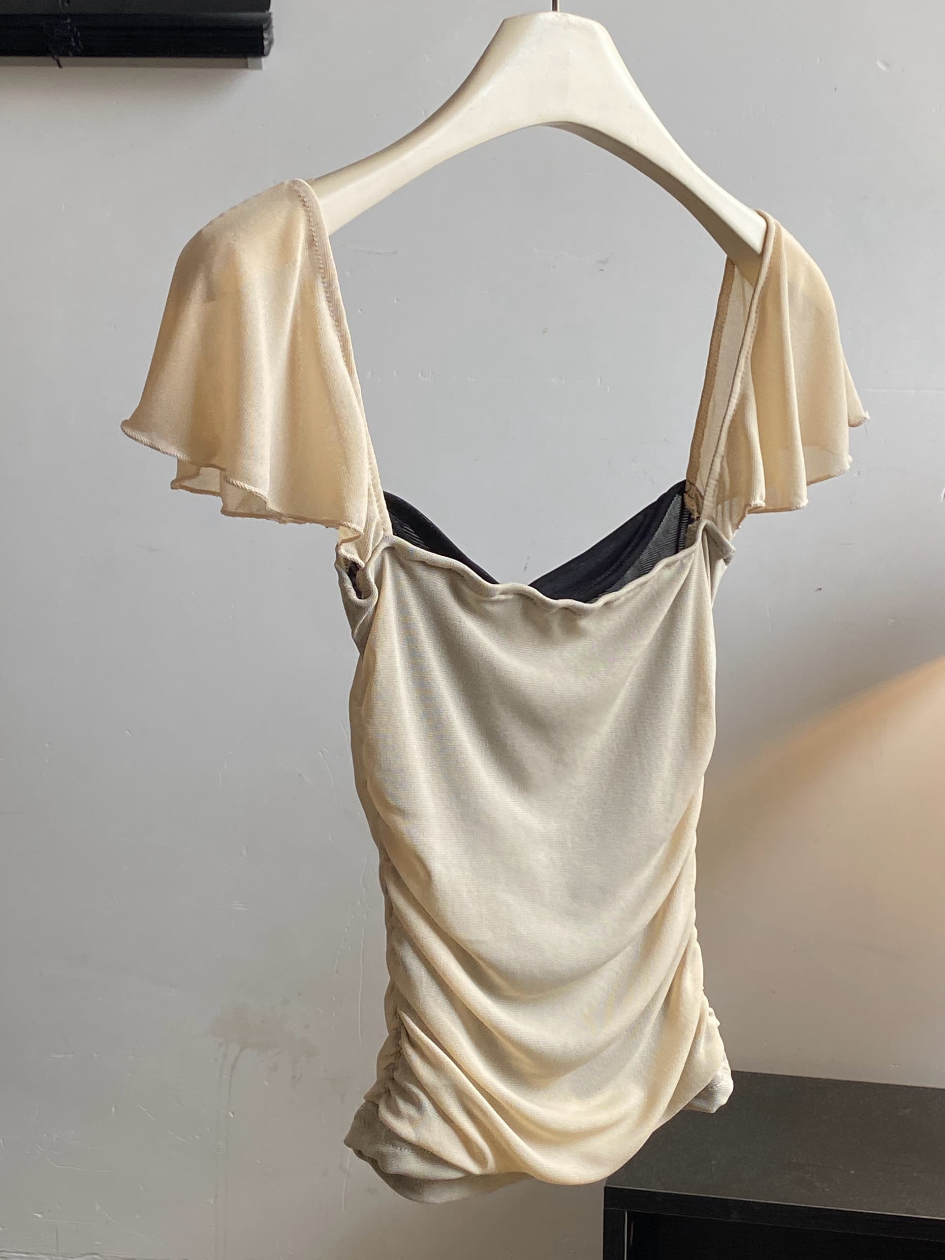 ruanrui 아몬드 Tulle 패치워크 배색 망사 작은 날다 소매 발레 바람 ins 펌프 Pleat 신축성 슬립 맨위 상세 이미지 6