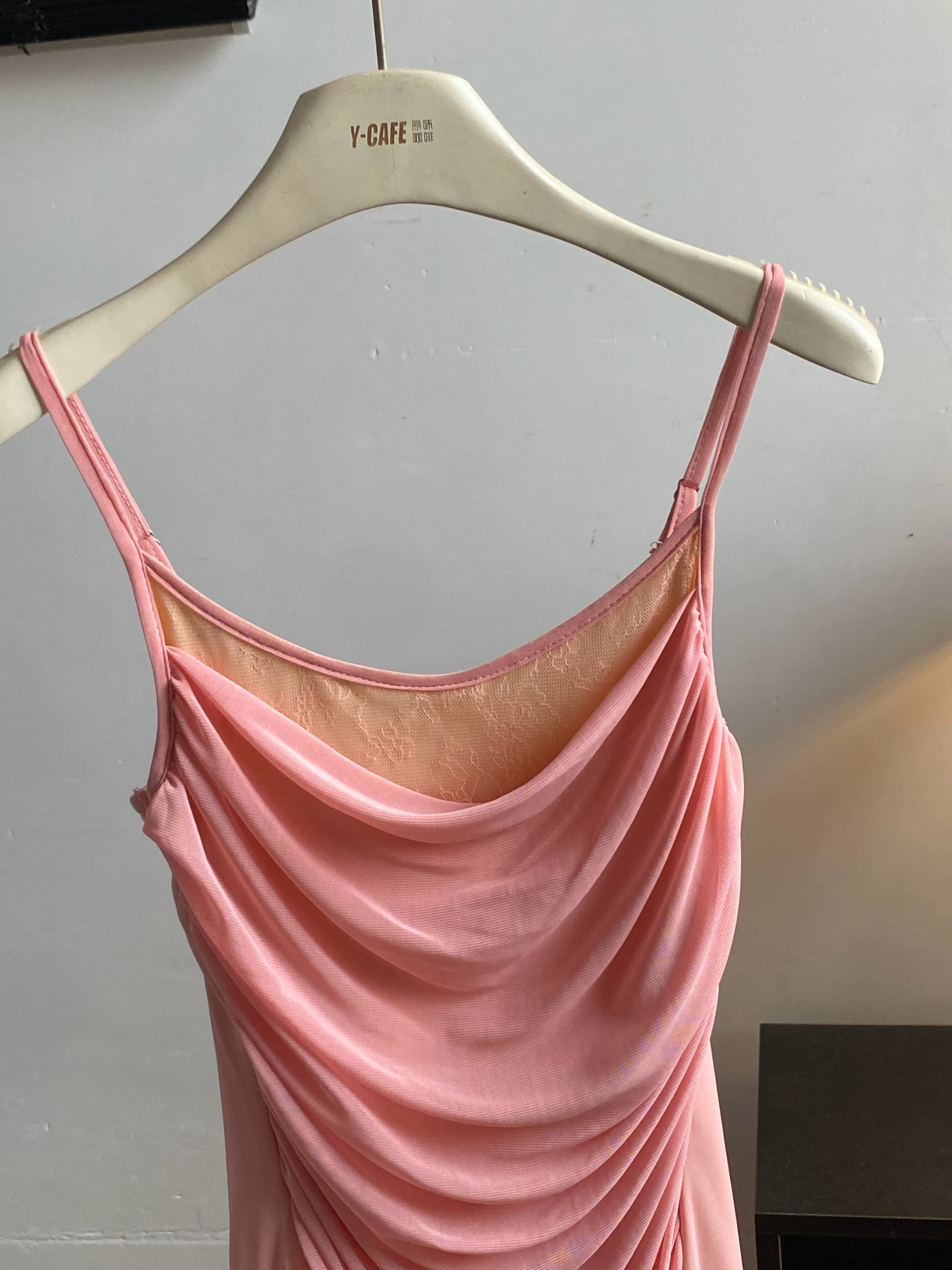 실사 라스베리 과일 랭 남 순수한 욕망 고기 핑크색 페이크 레이어드 레이스 조각 흔들다 칼라 망사 타이트 스커트 슬립 드레스 이미지 3