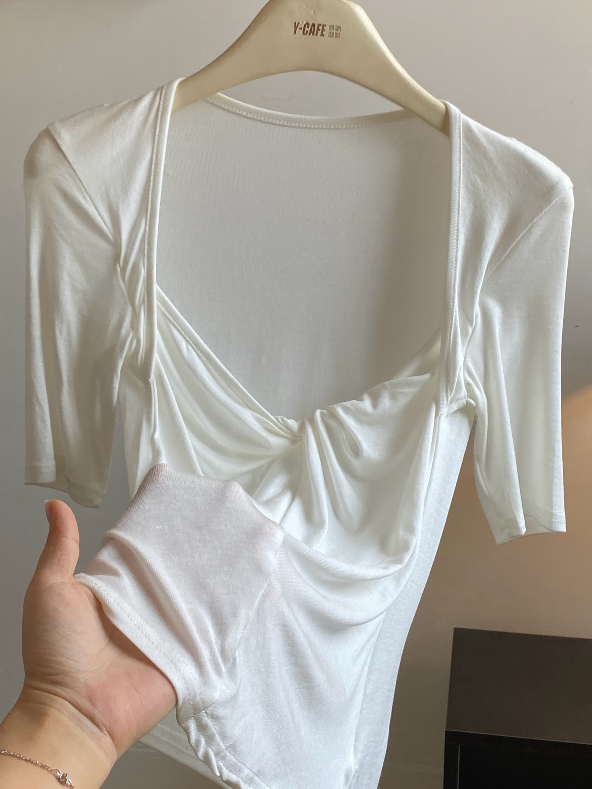 matin gris 라이 경기 서울 광장 칼라 비틀림 주름 티셔츠 여성 몸매 가꾸기 통기성 4 점 소매 신축성 양모 맨위 상세 이미지 5
