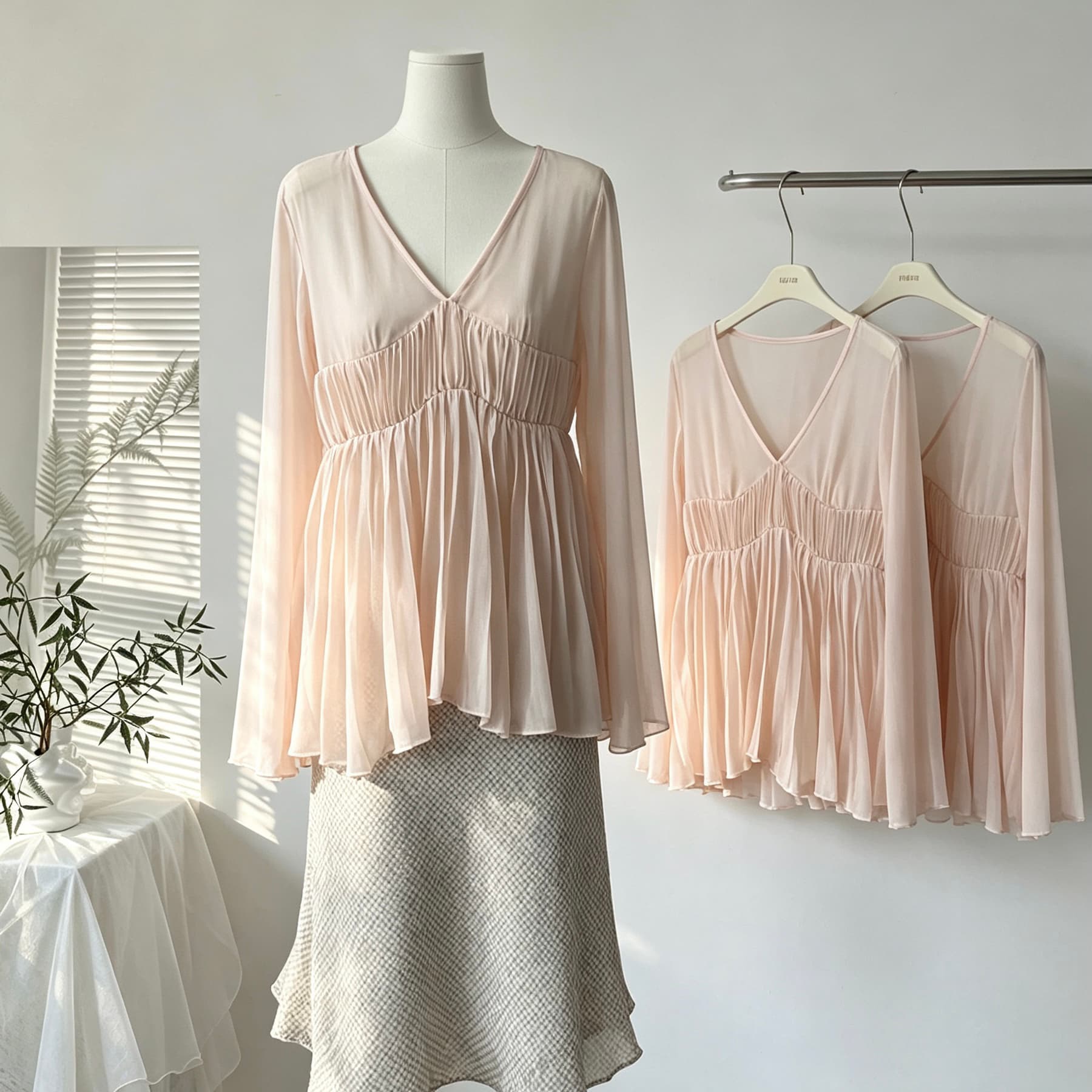 para jie 시 지에 구름 밀가루 도루 계곡 V넥 플리츠 부드러운 시폰 셔츠 여성 여름 수확 Pleat 나팔 긴팔 맨위 이미지 2