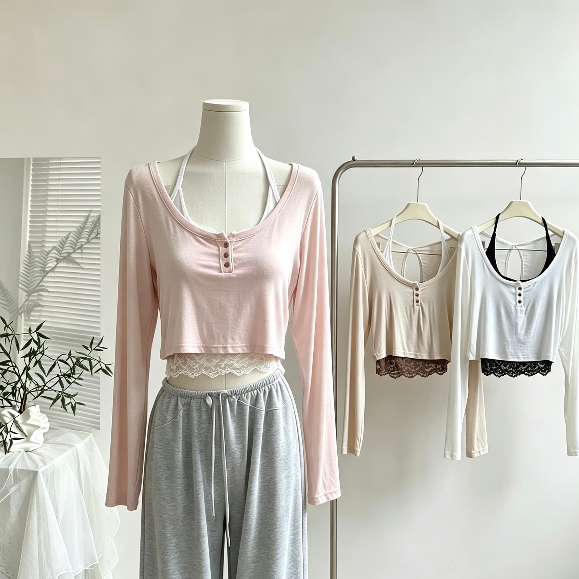 jmshop 바람둥이 느슨함 부서 주간 실크 양모 긴팔 티셔츠 레이스 레이스 행침 목 슬립 캐주얼 바지 세트 상세 이미지 2