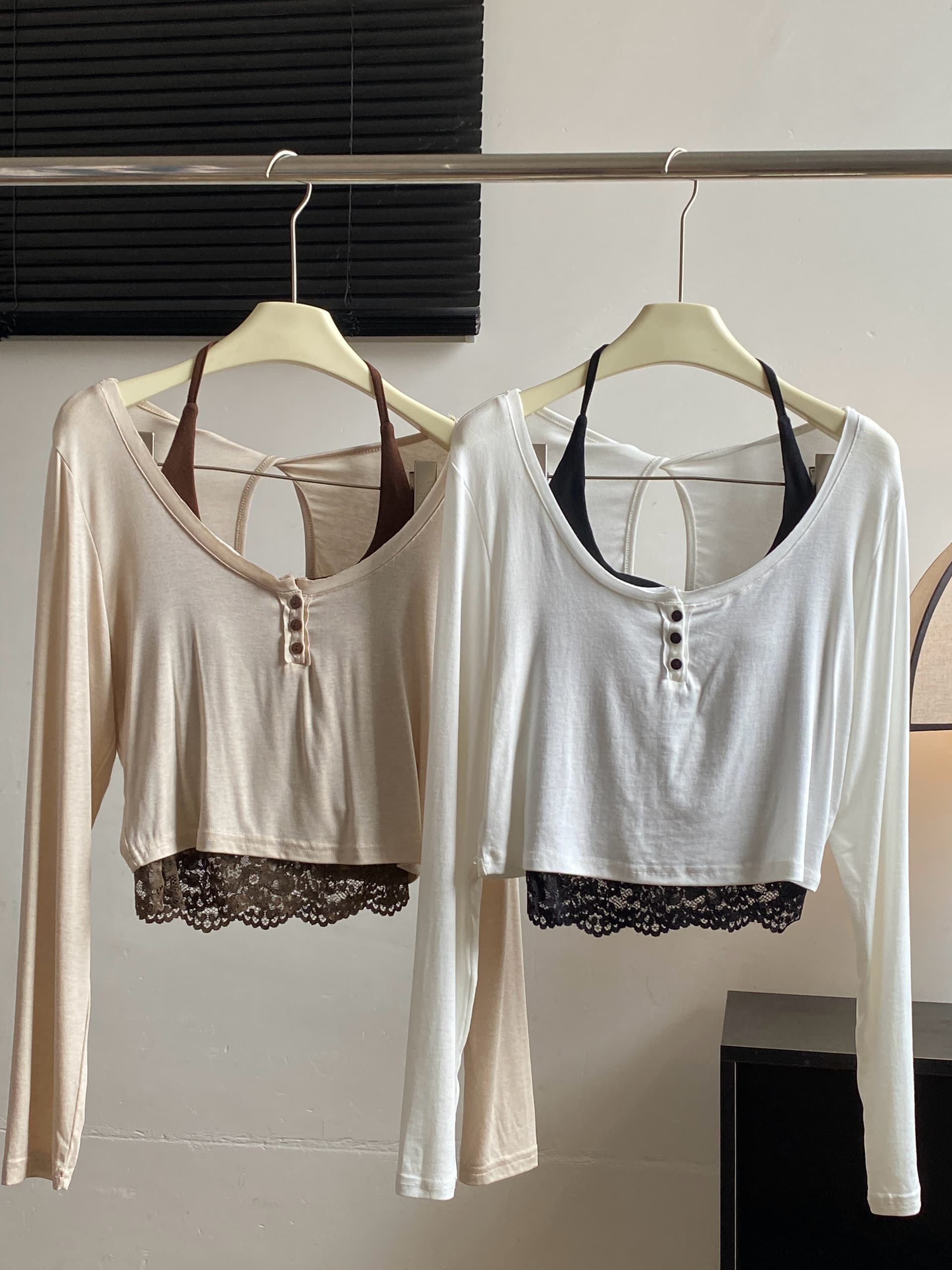 jmshop 바람둥이 느슨함 부서 주간 실크 양모 긴팔 티셔츠 레이스 레이스 행침 목 슬립 캐주얼 바지 세트 상세 이미지 8