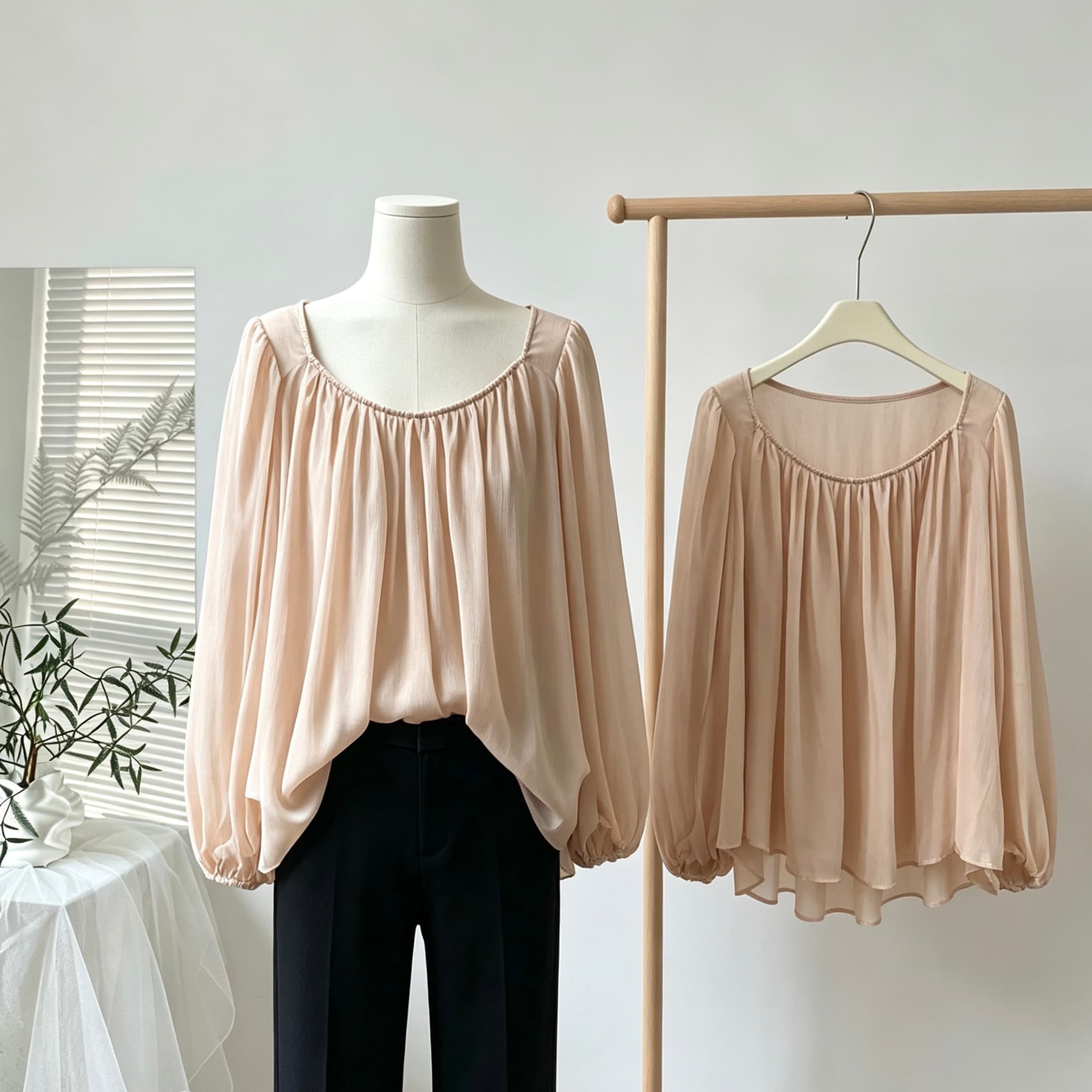 gakee official 프랑스식 벌룬 소매 시폰 셔츠 여성 봄 여름 와이드 밑단 핀치 Pleat 마이크로 ~을 통해 패키지 어깨 셔츠 상세 이미지 1