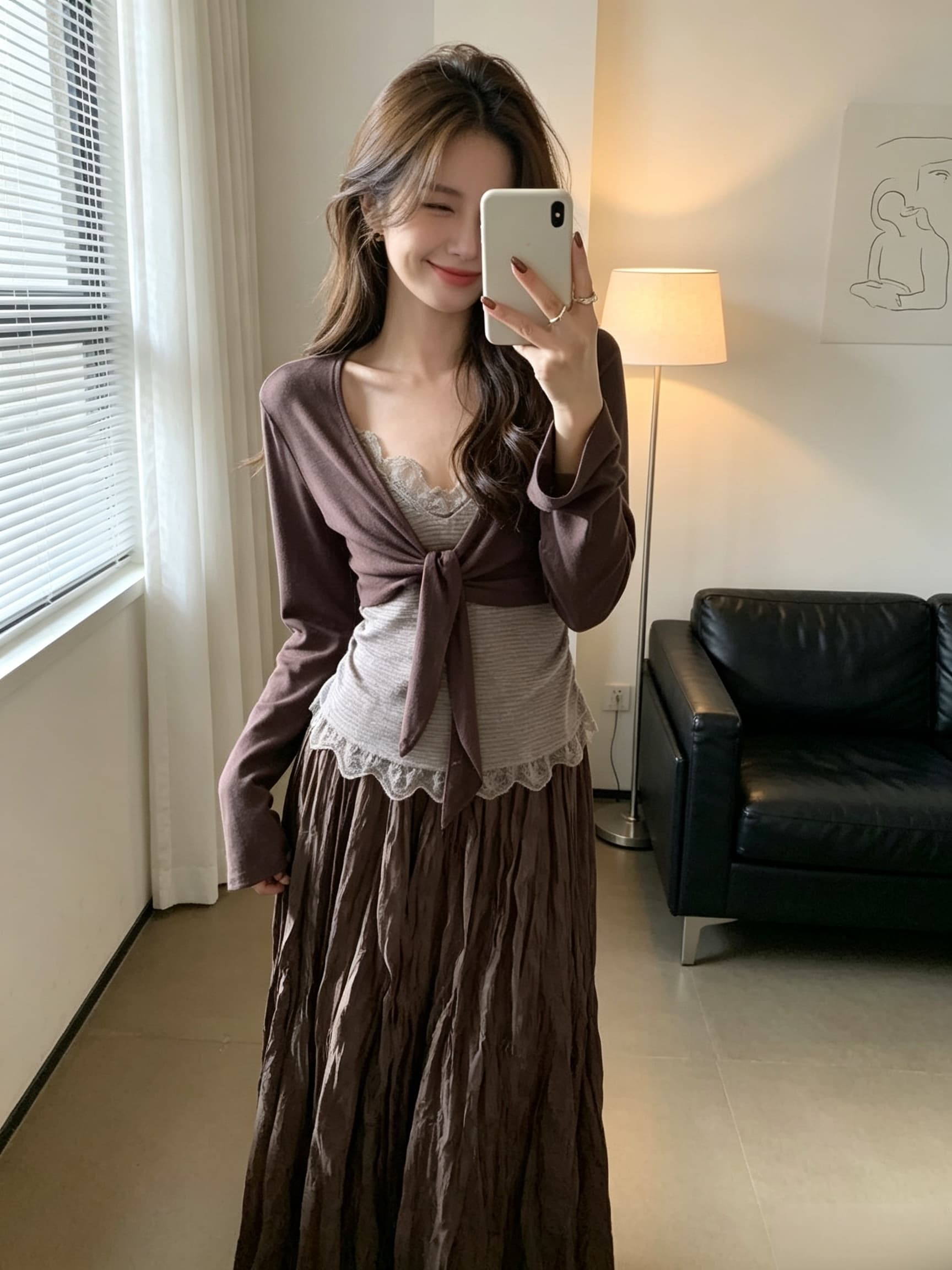 이른 가을 한 부서 순수한 욕망 느긋한 바람 오픈 가디건 레이스 슬립 반신 스커트 3종 세트 슬림해 보이는 품격 패션 세트 여성 이미지 2