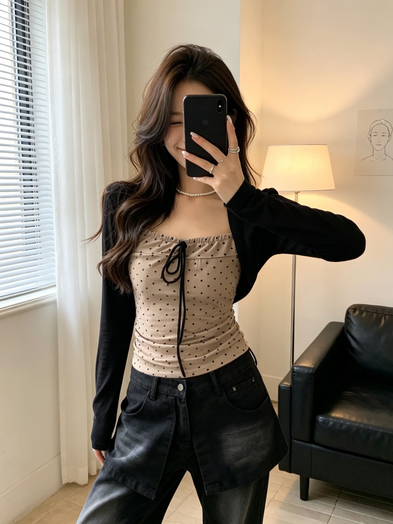 v.v2026 가을 새로운 한국 스타일 품격 도트 무늬 배색 페이크 레이어드 맨위 여성 몸매 가꾸기 슬림해 보이는 광장 칼라 긴팔 티셔츠 이미지 4