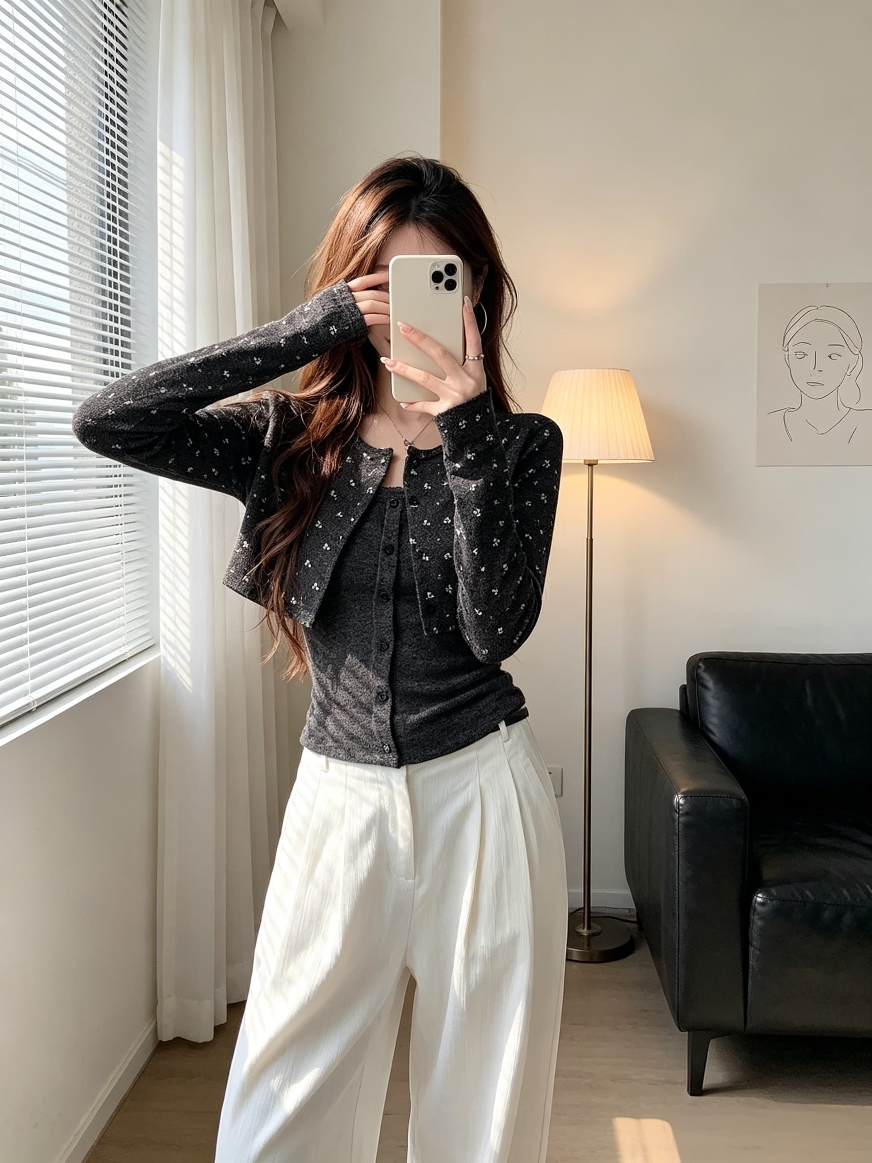 한 부서 꽃무늬 쇼트 스타일 긴팔 니트 오픈 가디건 인사이드 가져 가라. 캐미솔 봄 가을 착용 가져 가라. 몸매 가꾸기 투피스 세트 맨위 상세 이미지 2
