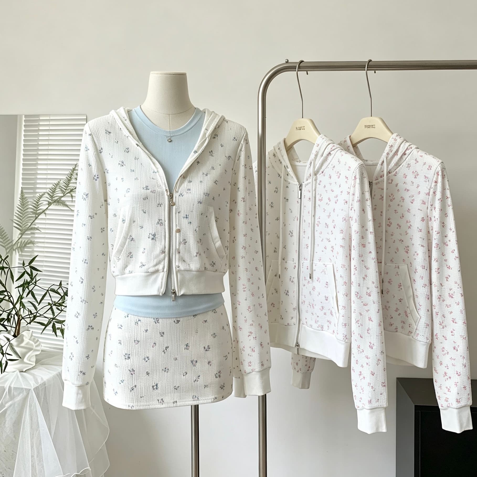jmshop 남자 센스 화이트 여성 후아 남편 그리드 꽃무늬 후드티 세트 가을 프린트 후드 재킷 타이트 스커트 반신 스커트 이미지 3