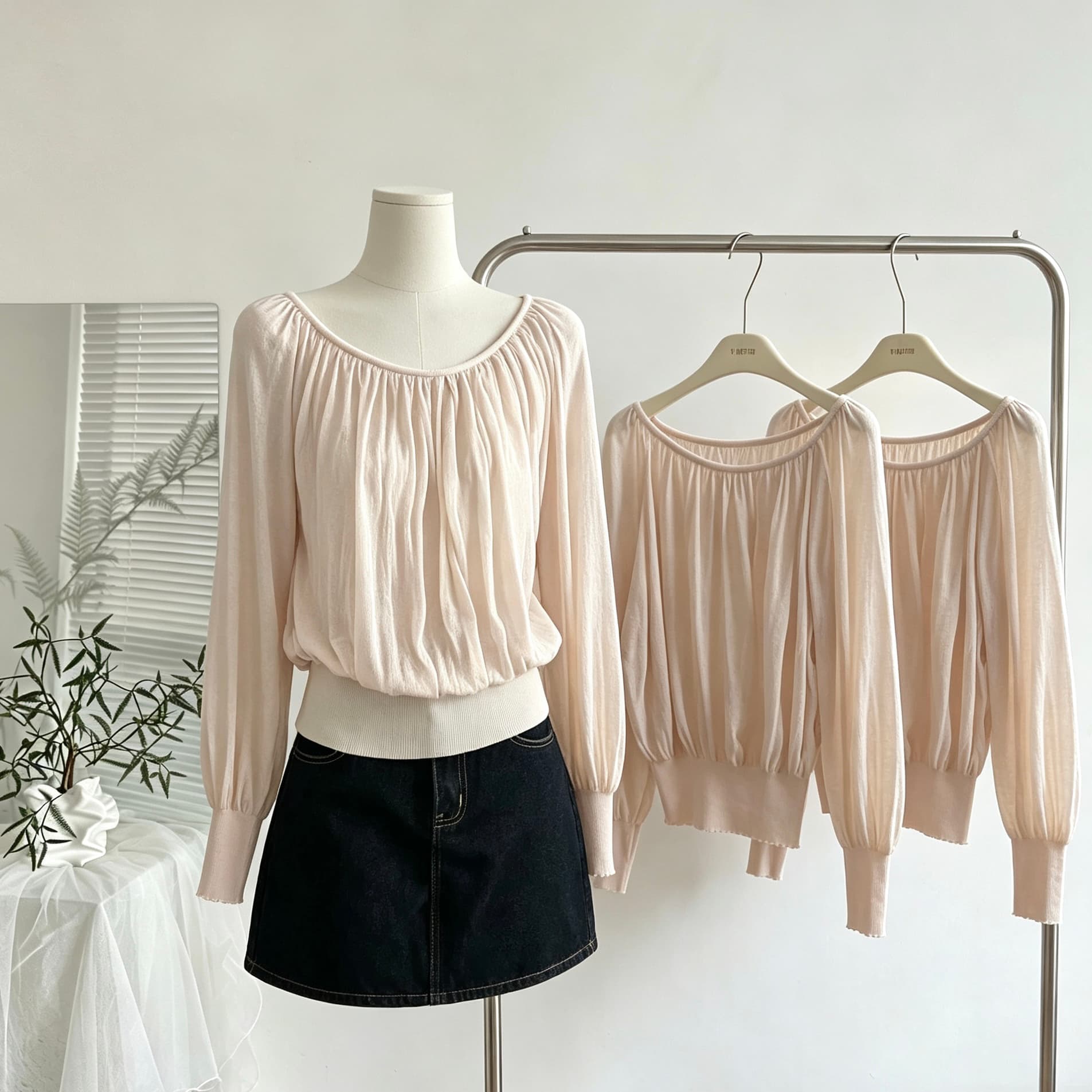 oyff 어디서? 어디서? 와라. 싱글 아마 차가운 셔츠 대 네클라인 펌프 Pleat 긴팔 비스듬한 어깨 니트 맨위 몸매 가꾸기 작은 셔츠 상세 이미지 1