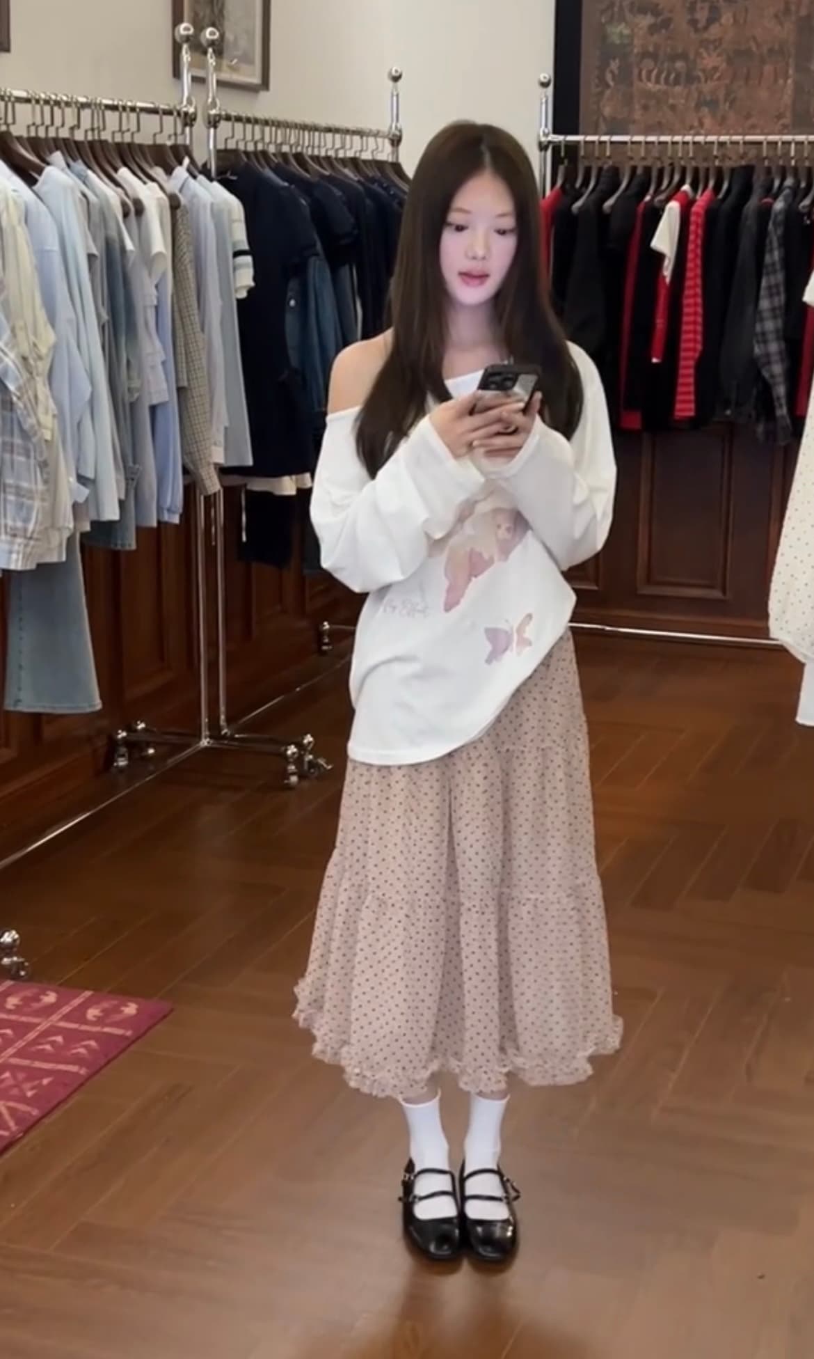나비 비스듬한 어깨 의류 플러스 도트 무늬 반 스커트 세트 이미지 4