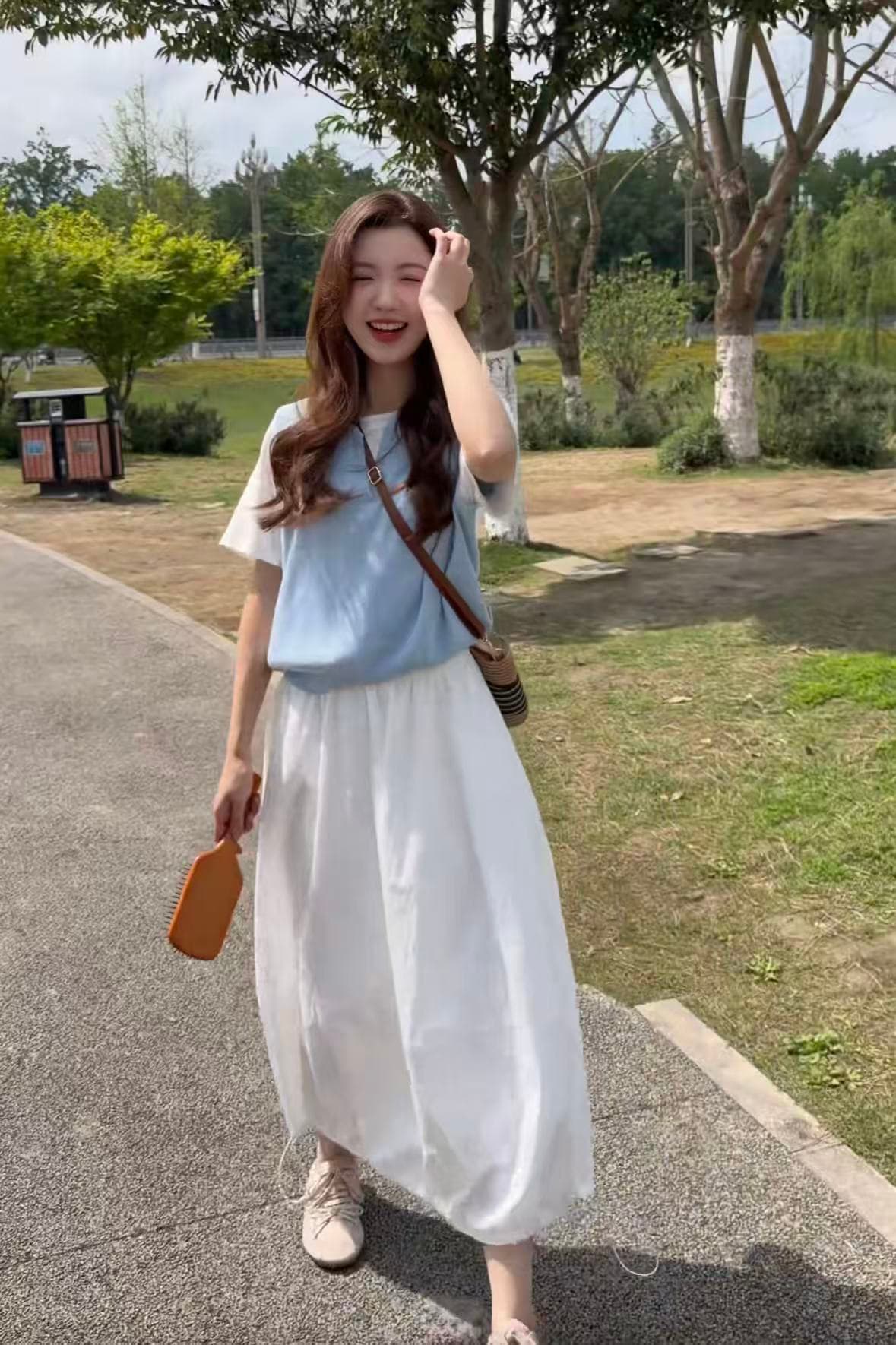 흔들어서 톤 폭발 가위 홈 캐주얼 다용도 페이크 레이어드 얼음 실크 맨위 반 스커트 세트 상세 이미지 2