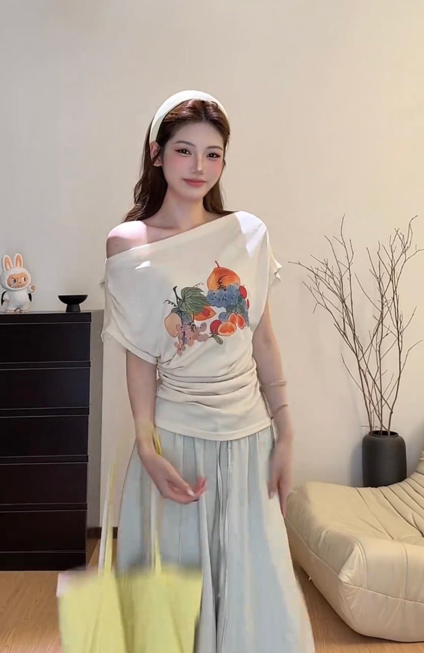 과일 party 품격 캐주얼 한 부서 재미있는 프린트 다용도 허리 수축 얇은 티셔츠 상세 이미지 5