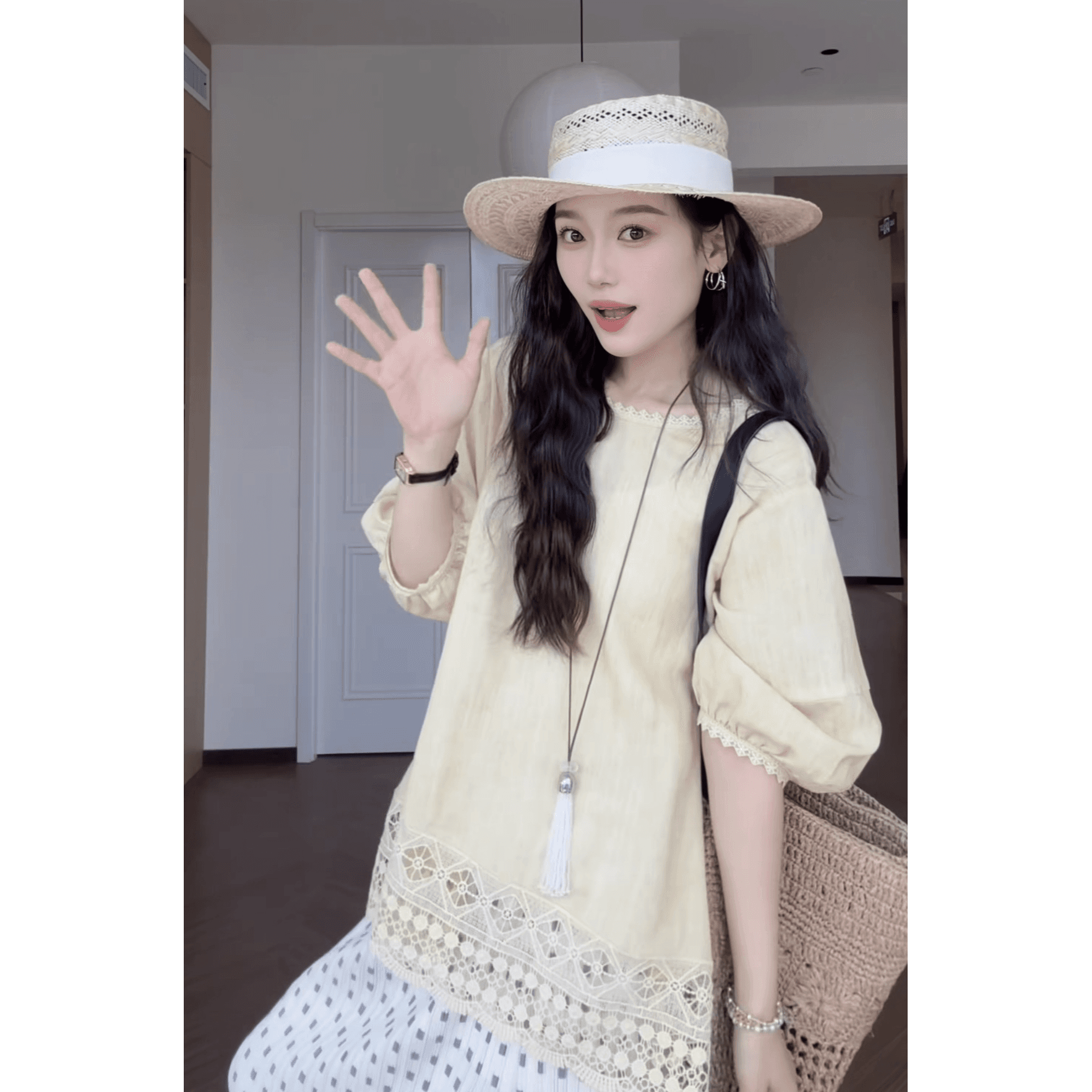 흔들어서 톤 폭발 여름 휴가 바람 반팔 레이스 조각 t 플러스 프린트 디자인 센스 반 스커트 세트 이미지 6