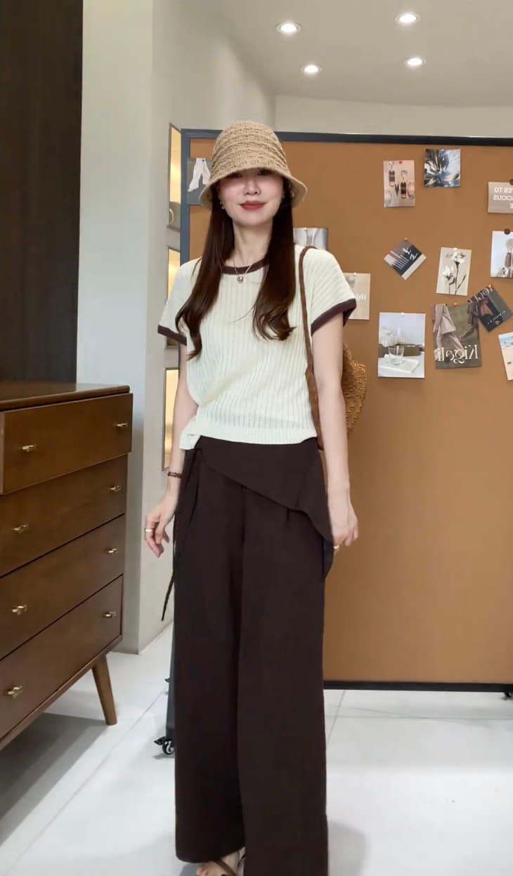 골드 샤 징 직접 만든 여성 의류 니트 스웨터 여름 한 부서 미니멀리즘 라운드 넥 쇼트 스타일 작은 셔츠 플러스 캐주얼 바지 세트 이미지 2
