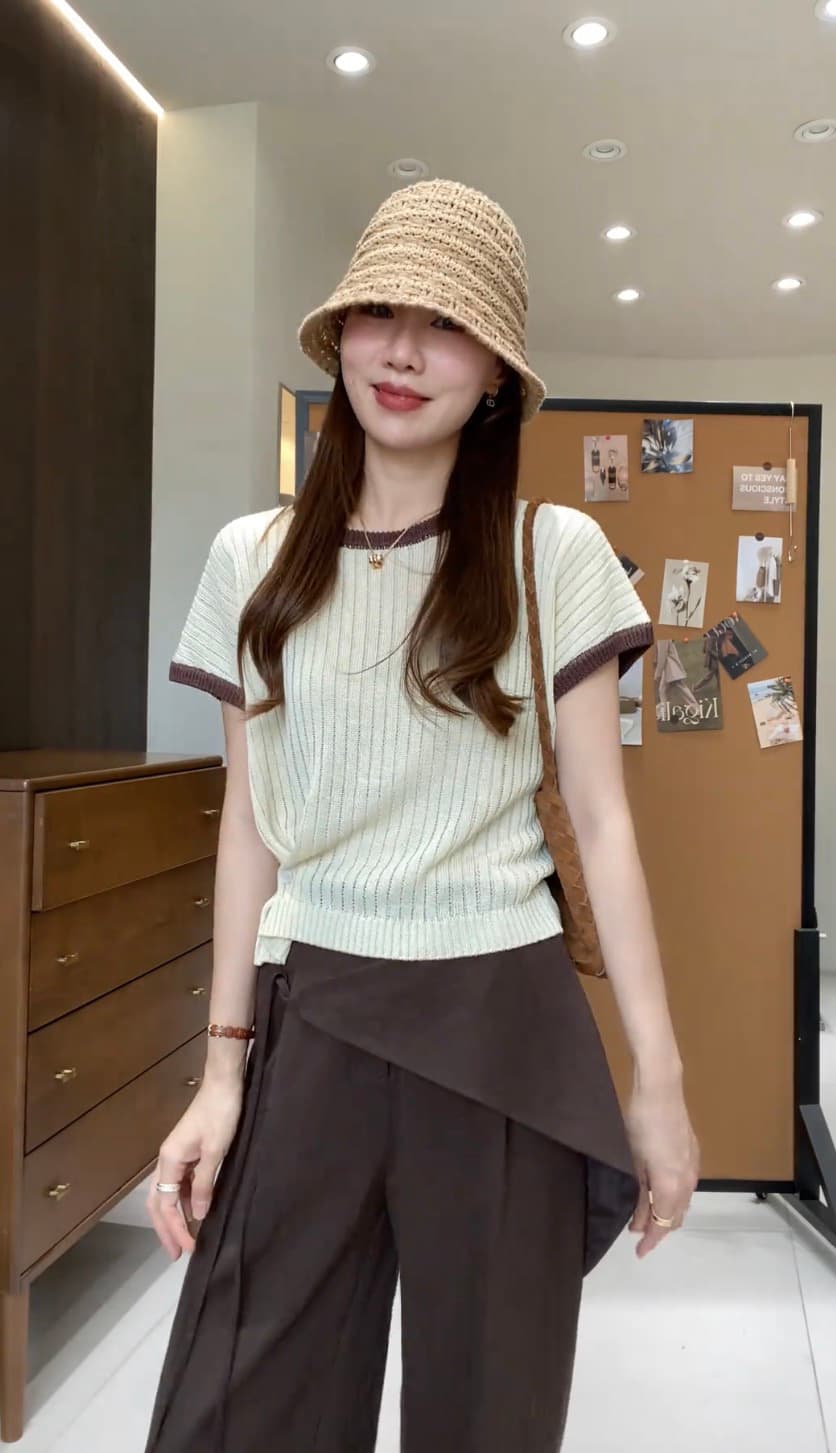 골드 샤 징 직접 만든 여성 의류 니트 스웨터 여름 한 부서 미니멀리즘 라운드 넥 쇼트 스타일 작은 셔츠 플러스 캐주얼 바지 세트 이미지 5