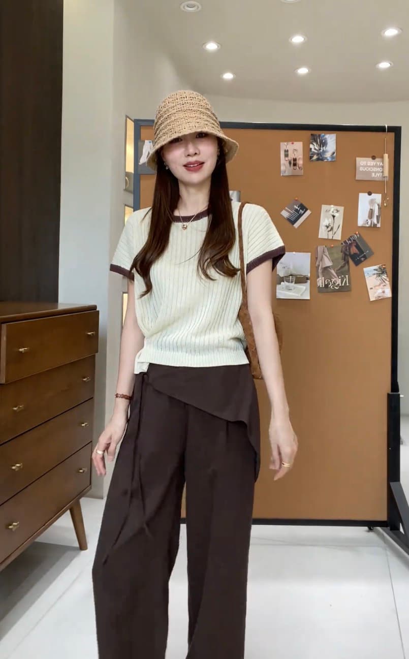 골드 샤 징 직접 만든 여성 의류 니트 스웨터 여름 한 부서 미니멀리즘 라운드 넥 쇼트 스타일 작은 셔츠 플러스 캐주얼 바지 세트 상세 이미지 3