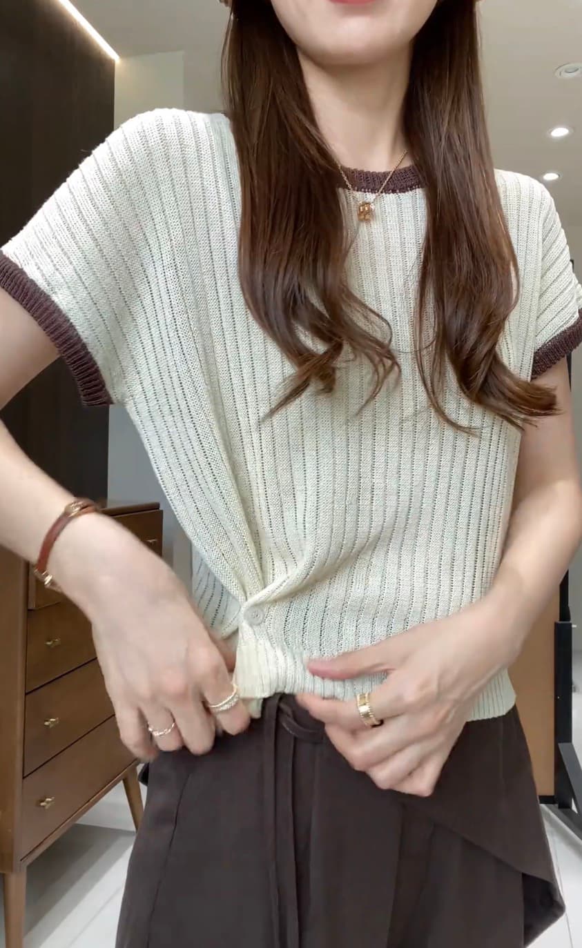 골드 샤 징 직접 만든 여성 의류 니트 스웨터 여름 한 부서 미니멀리즘 라운드 넥 쇼트 스타일 작은 셔츠 플러스 캐주얼 바지 세트 상세 이미지 6