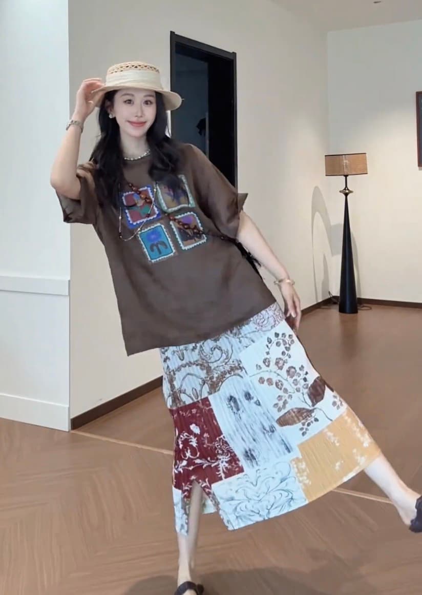 한국 스타일 루즈핏 네 궁전 그리드 만화 다용도 라운드 넥 반팔 고급 예술 레트로 패치워크 꽃무늬 반신 스커트 이미지 5