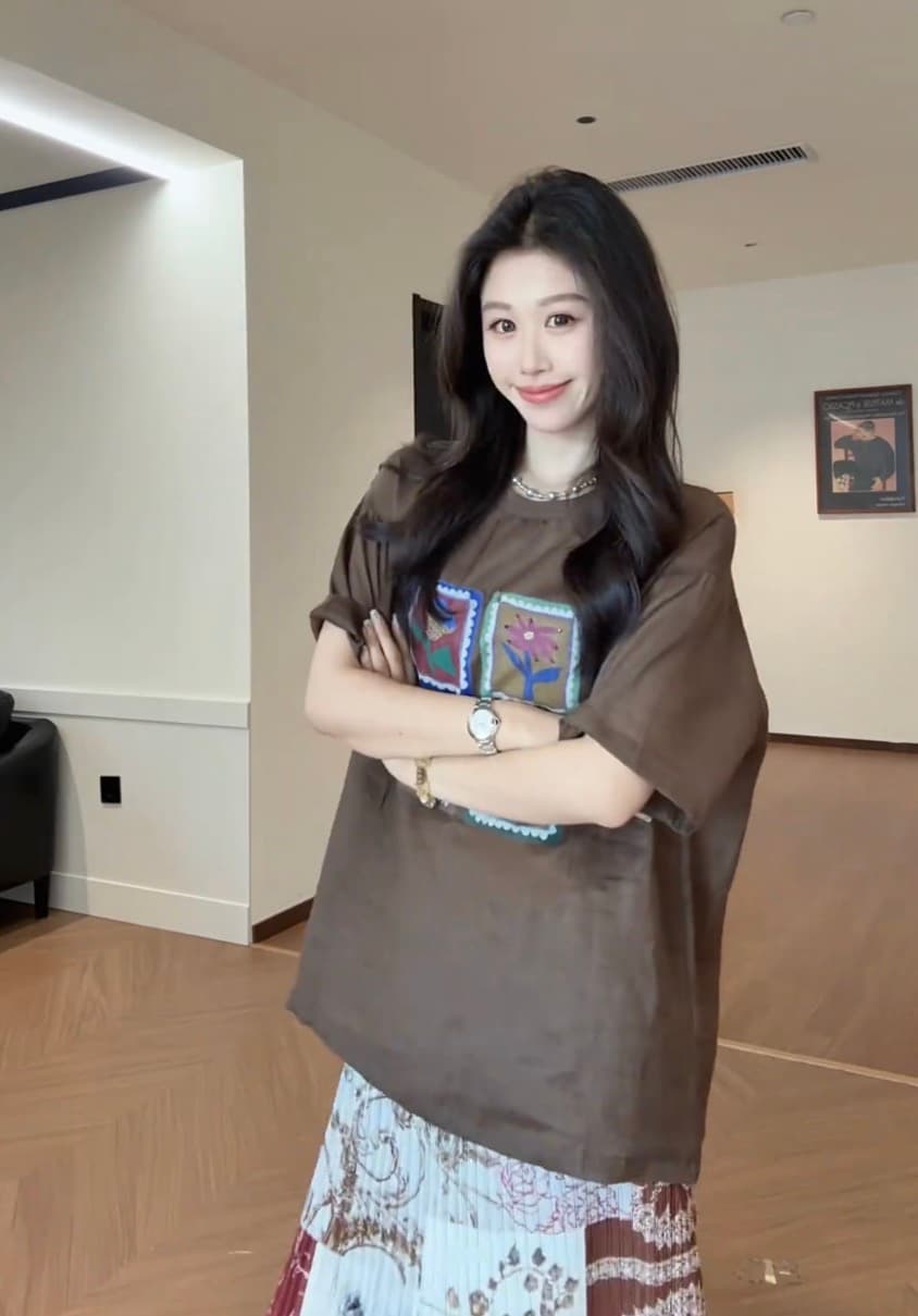 한국 스타일 루즈핏 네 궁전 그리드 만화 다용도 라운드 넥 반팔 고급 예술 레트로 패치워크 꽃무늬 반신 스커트 상세 이미지 5