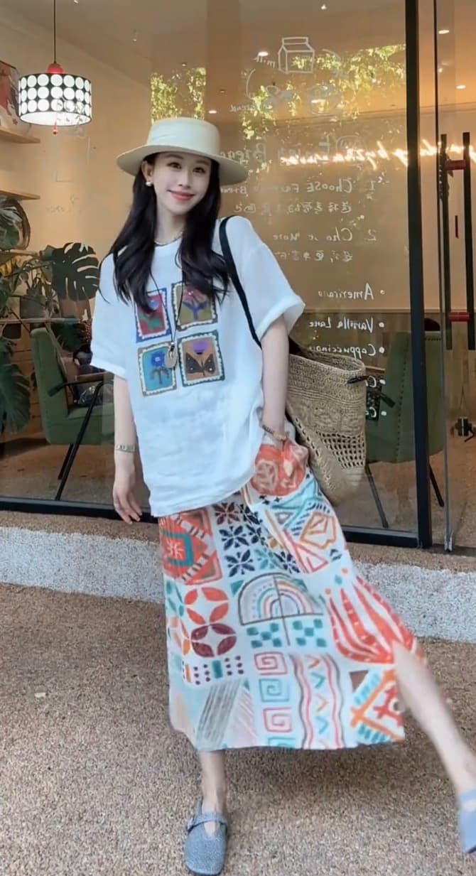 한국 스타일 루즈핏 네 궁전 그리드 만화 다용도 연령 감소 라운드 넥 반팔 맨위 레트로 품격 슬림해 보이는 반신 스커트 상세 이미지 2