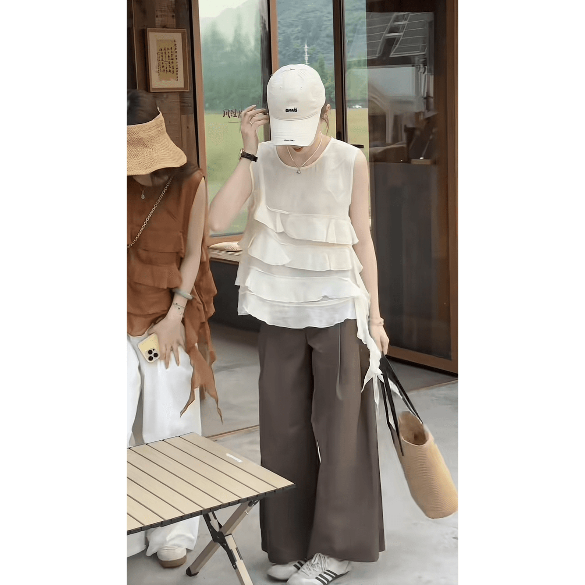 캄파넬라 세과 프랑스식 투피스 세트 여름 26 디자인 센스 불규칙 단색 맨위 하이웨이스트 와이드 레그 팬츠 세트 이미지 6