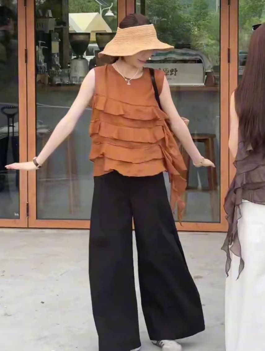 캄파넬라 세과 프랑스식 투피스 세트 여름 26 디자인 센스 불규칙 단색 맨위 하이웨이스트 와이드 레그 팬츠 세트 상세 이미지 1