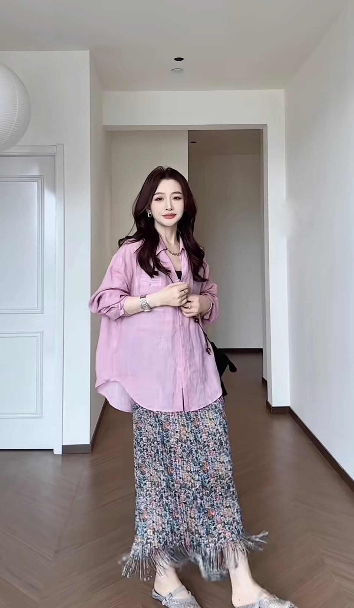 2026 슈퍼 화재 연령 감소 착용 가져 가라. 전체 집합 여름 패션 외국 가스 자외선 차단 긴팔 셔츠 꽃무늬 반신 스커트 투피스 세트 상세 이미지 6