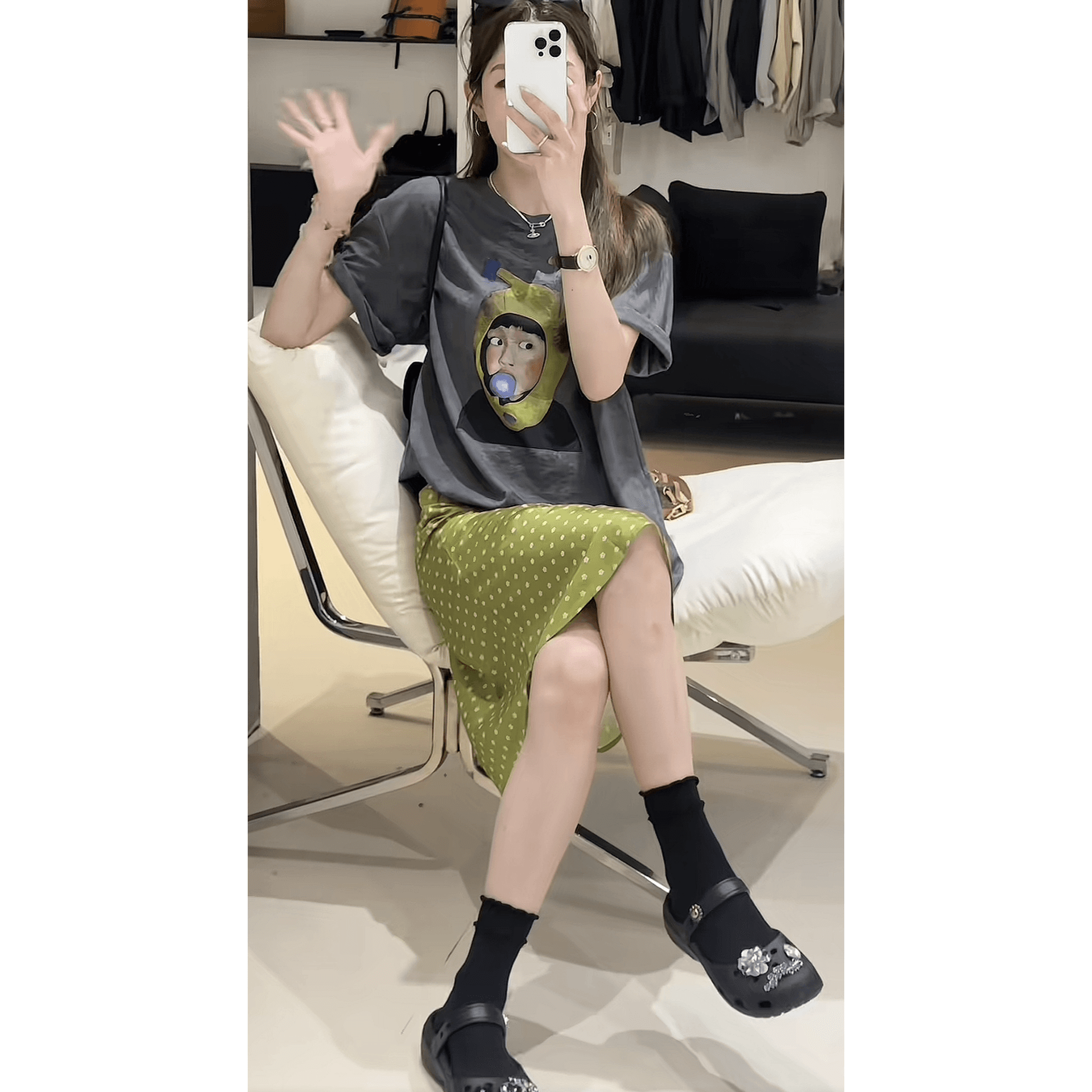 버블 소녀 한 부서 캐주얼 루즈핏 다용도 슬림해 보이는 프린트 티셔츠 도트 무늬 반 스커트 세트 이미지 6