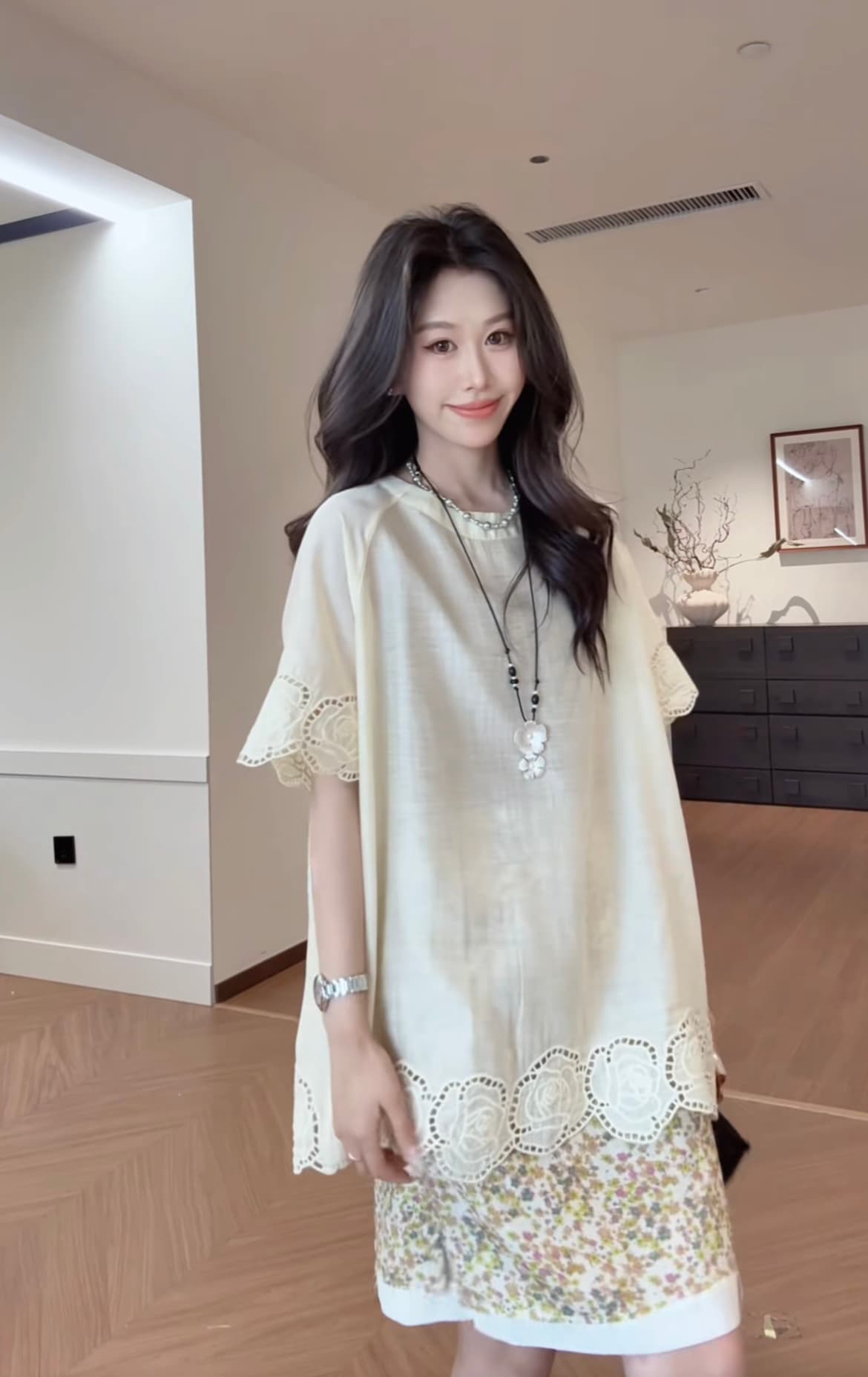 흔들어서 톤 폭발 패치워크 레이스 황색 의류 플러스 꽃무늬 반 스커트 세트 이미지 4