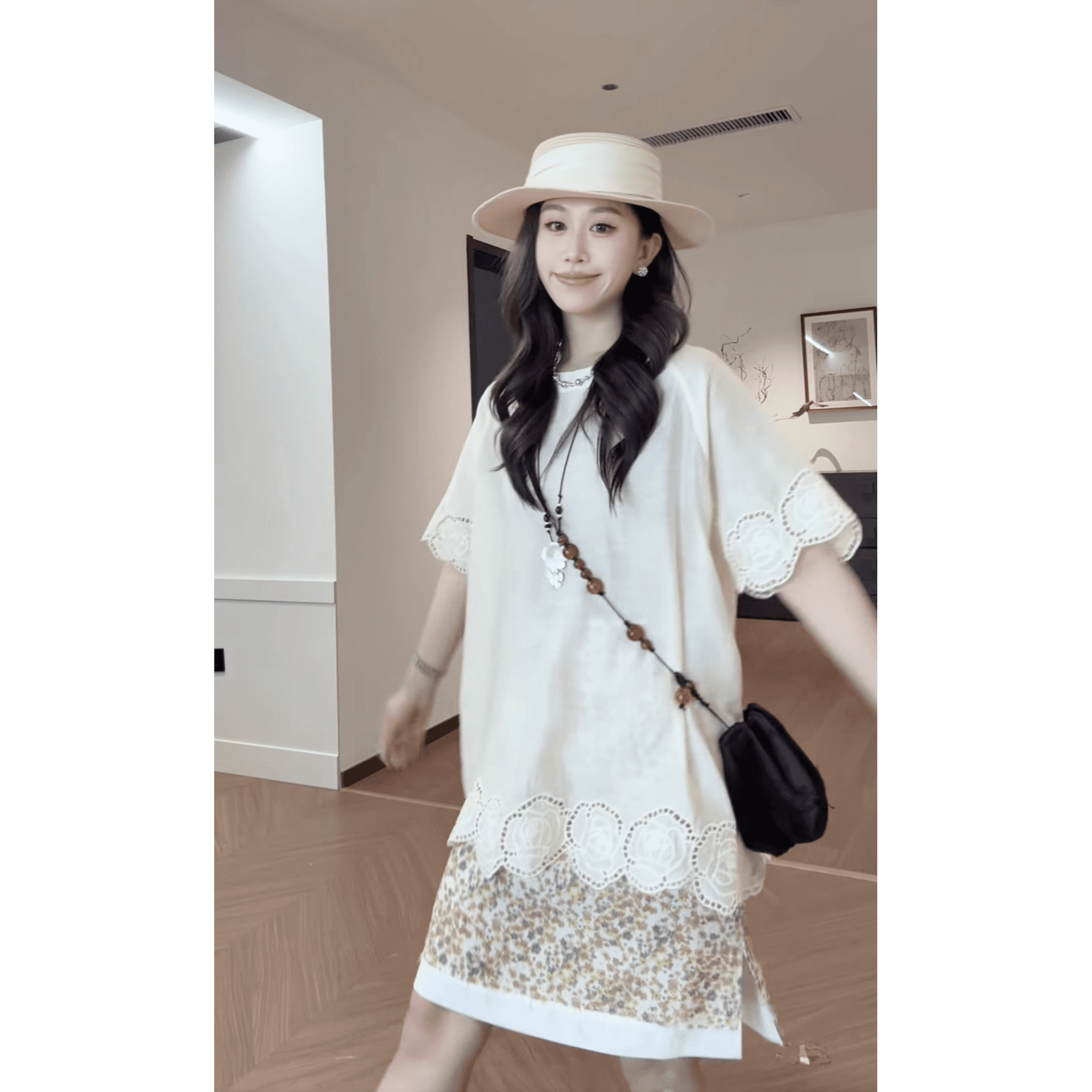 흔들어서 톤 폭발 패치워크 레이스 황색 의류 플러스 꽃무늬 반 스커트 세트 이미지 6