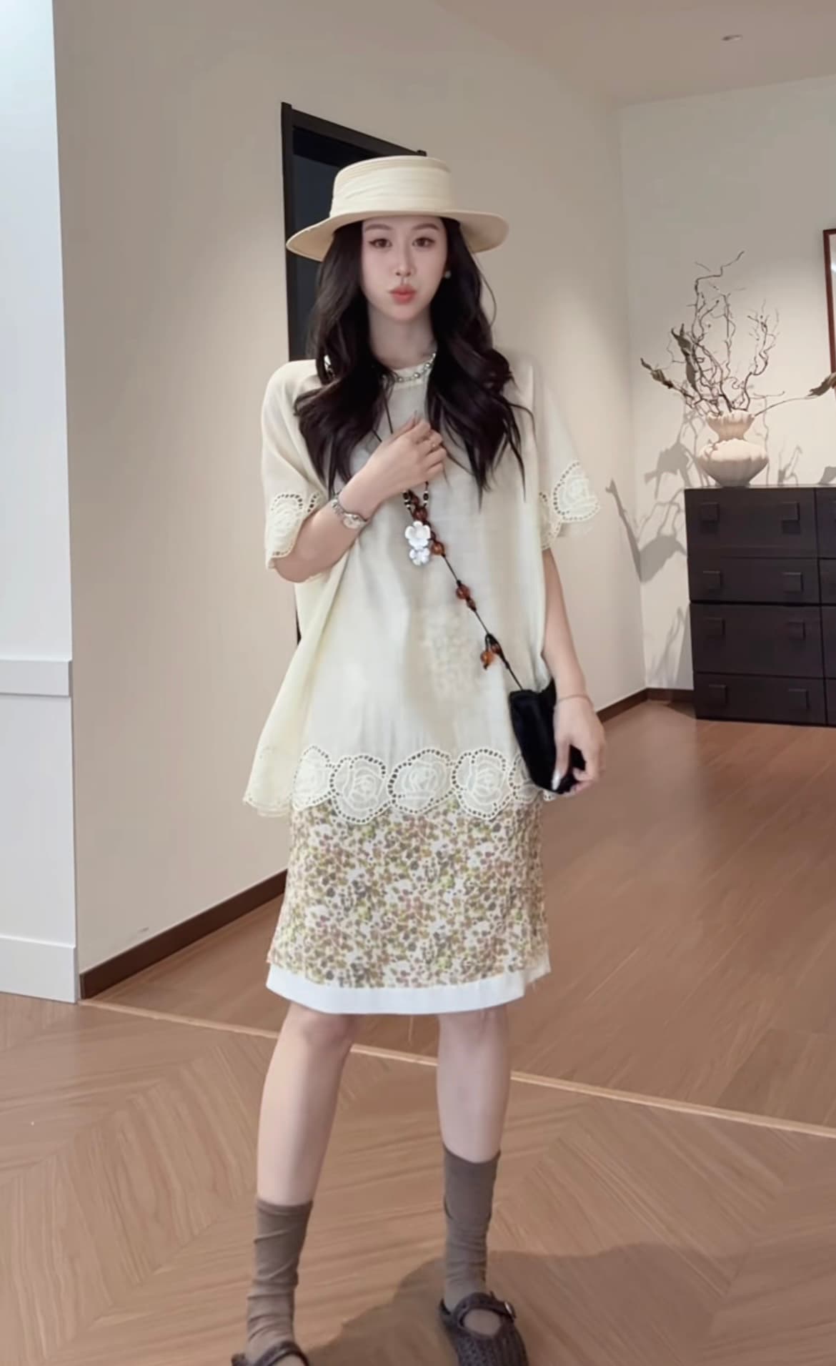흔들어서 톤 폭발 패치워크 레이스 황색 의류 플러스 꽃무늬 반 스커트 세트 상세 이미지 4