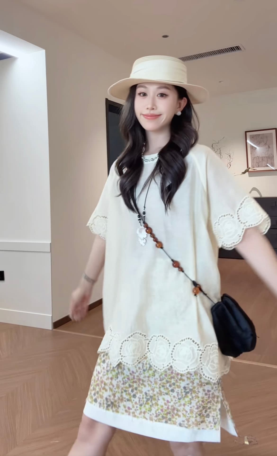 흔들어서 톤 폭발 패치워크 레이스 황색 의류 플러스 꽃무늬 반 스커트 세트 상세 이미지 5