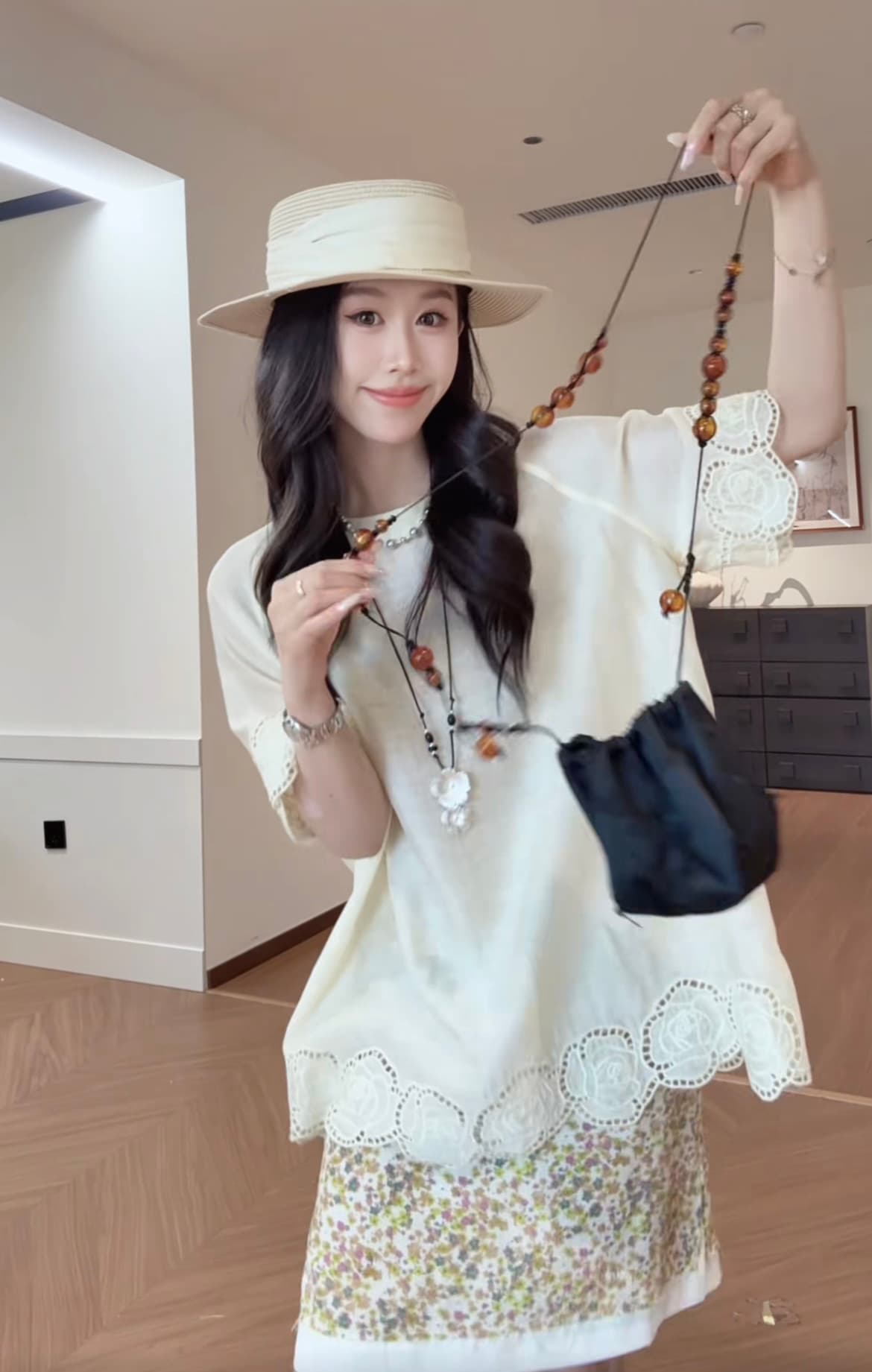 흔들어서 톤 폭발 패치워크 레이스 황색 의류 플러스 꽃무늬 반 스커트 세트 상세 이미지 7