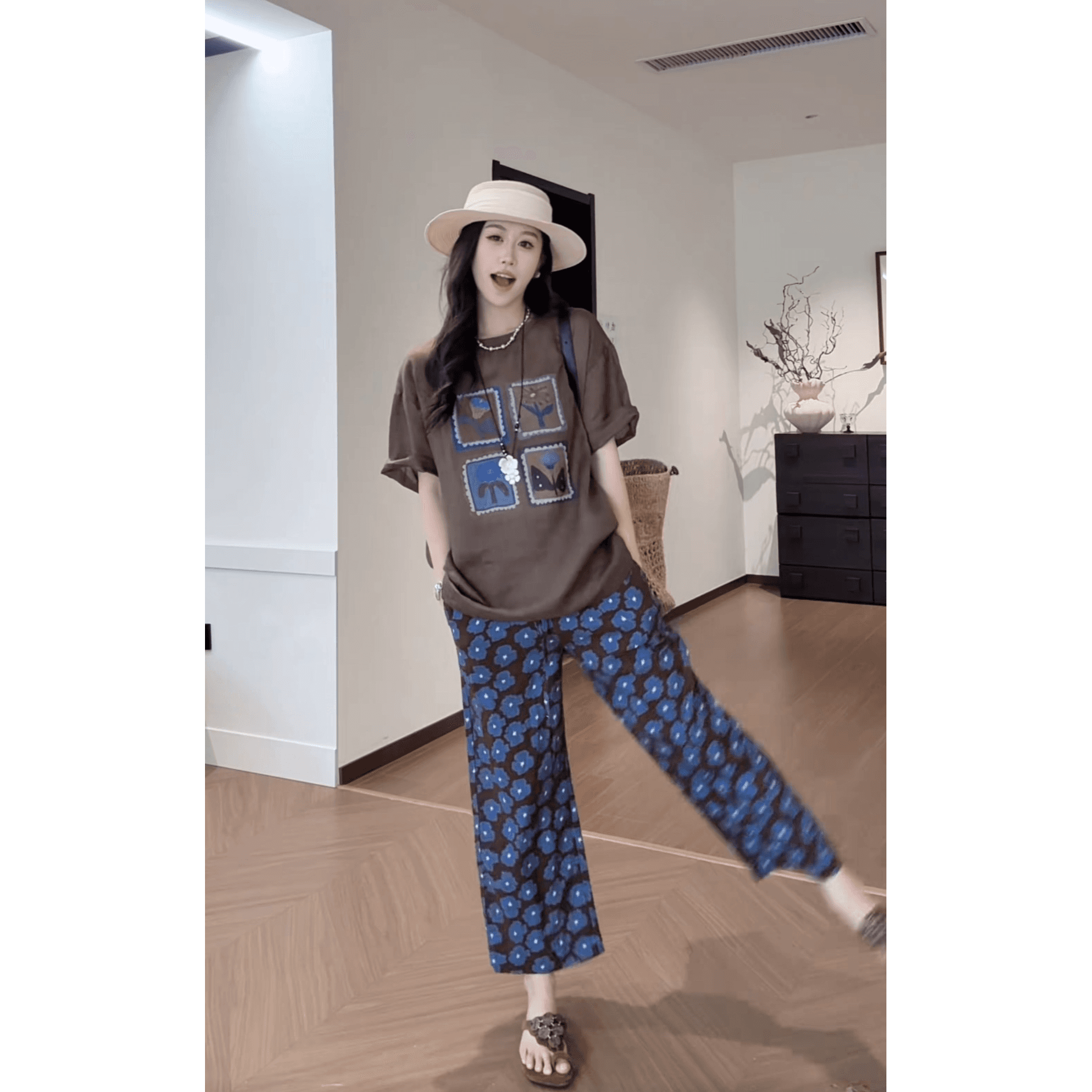 소금 레몬 마이크로 리플 라이 경기 서울 아마 레트로 프린트 다용도 루즈핏 슬림해 보이는 캐주얼 바지 여성 플러스 의류 세트 이미지 6