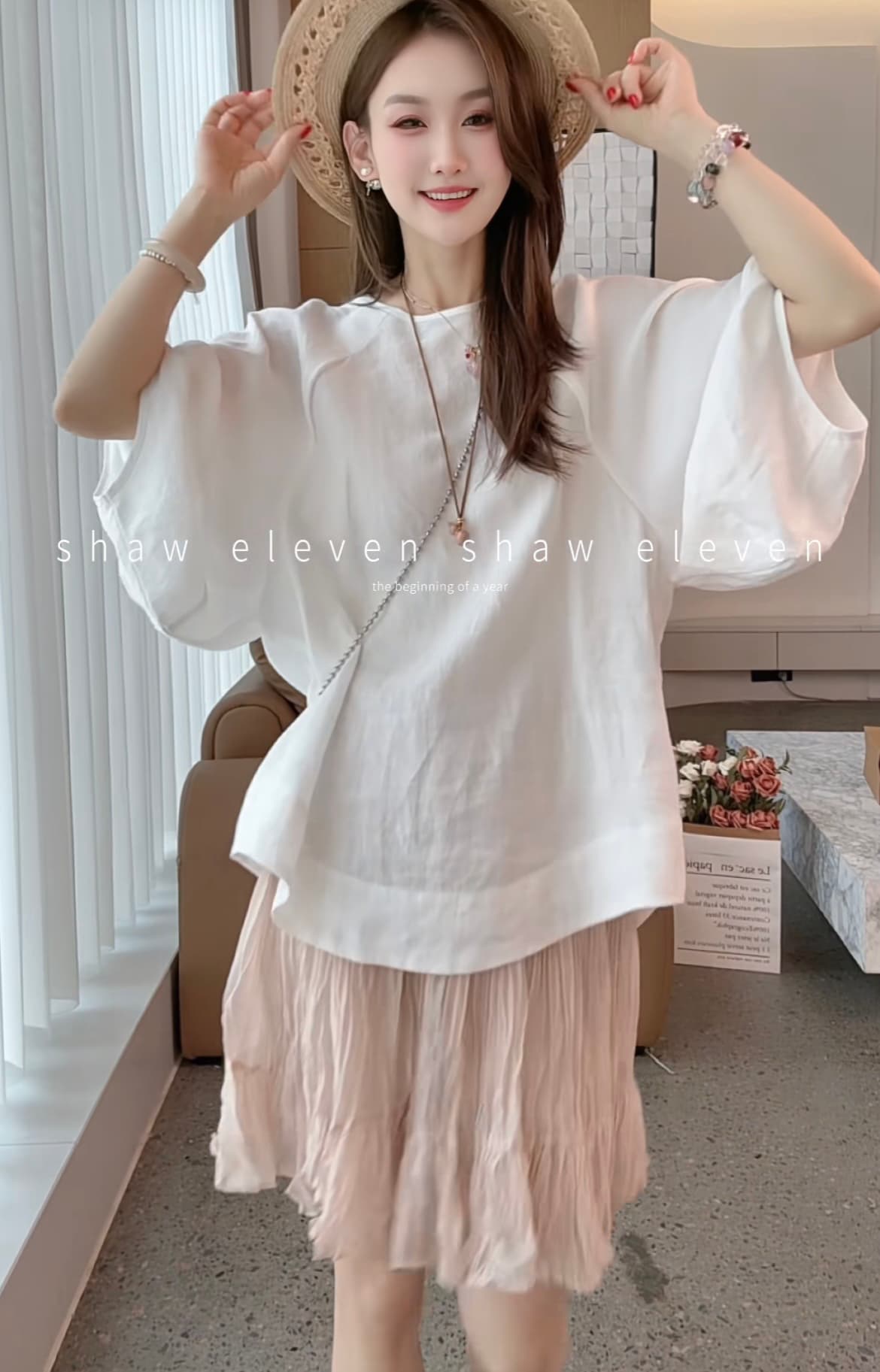 shaweleven. 초기 와우 디자이너 높음 세트 화이트 100 라미 调性 셔츠 플러스 플리츠 반 스커트 이미지 2