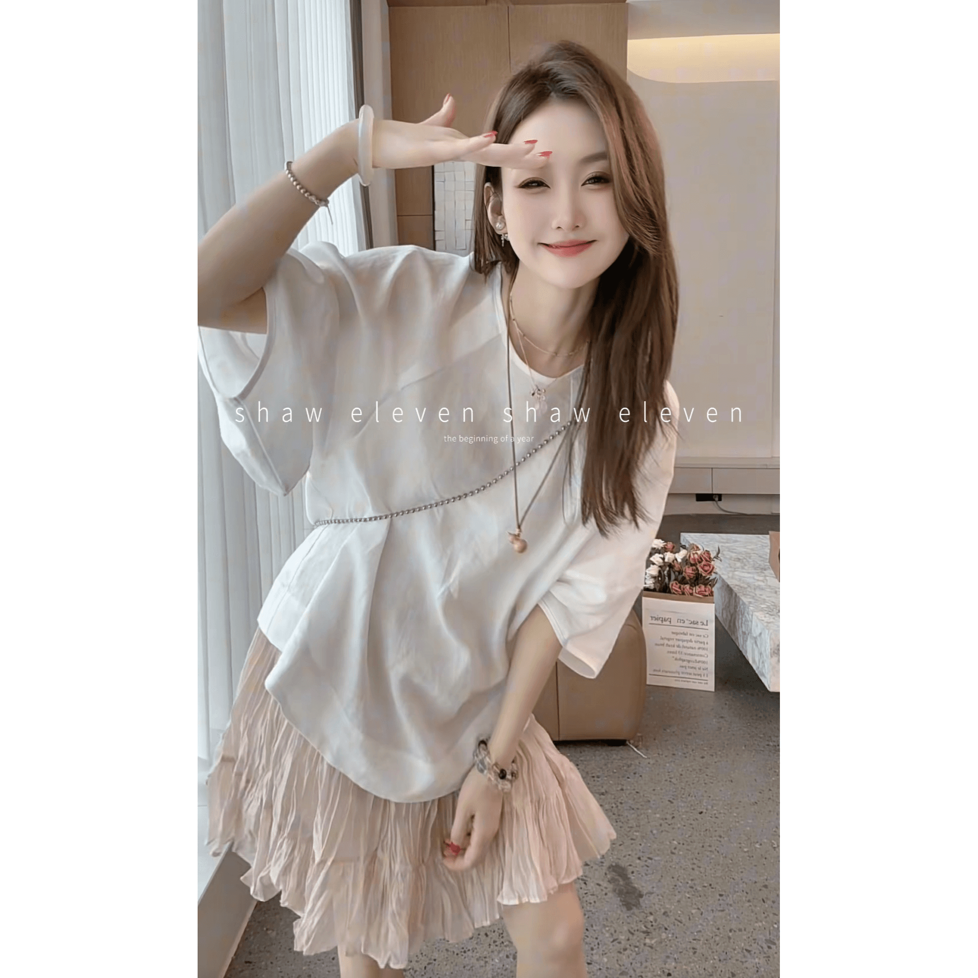 shaweleven. 초기 와우 디자이너 높음 세트 화이트 100 라미 调性 셔츠 플러스 플리츠 반 스커트 이미지 6