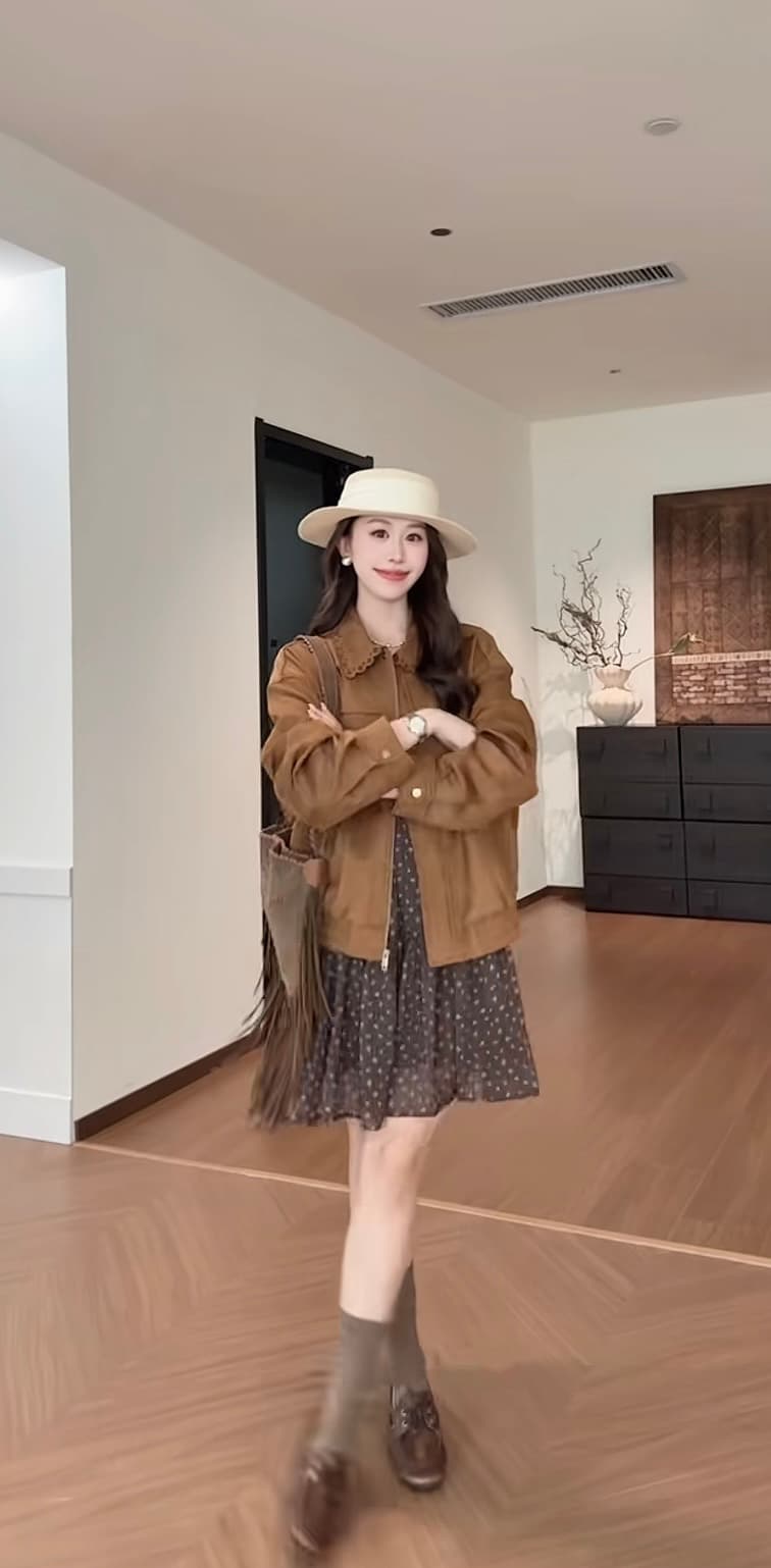 Breeze 가져 가라. 달 의류 새로운 호박색 깃발 바람 홀로우 아웃 폴로 칼라 루즈핏 가죽 재킷 여성 플러스 꽃무늬 드레스 이미지 3